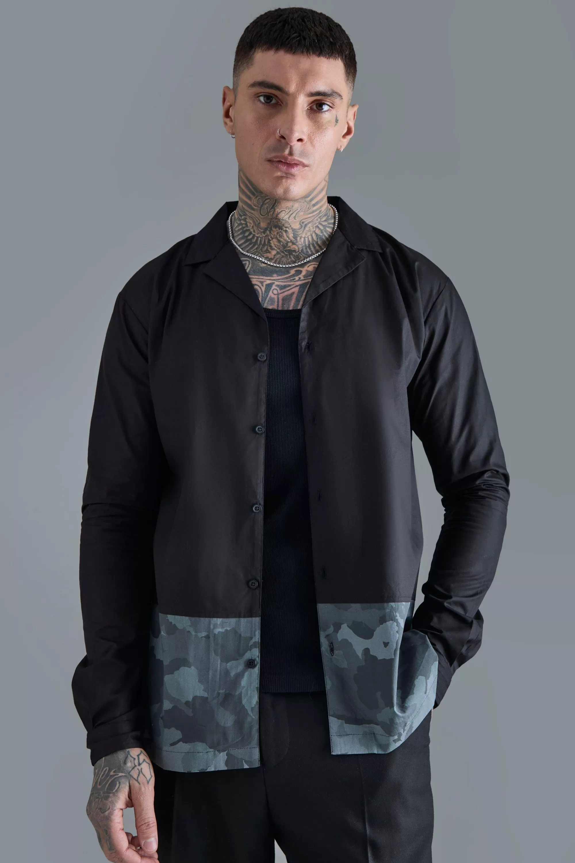 boohooMAN Tall Longsleeve Drop Revere Poplin Camouflage Print Shirt | UK
