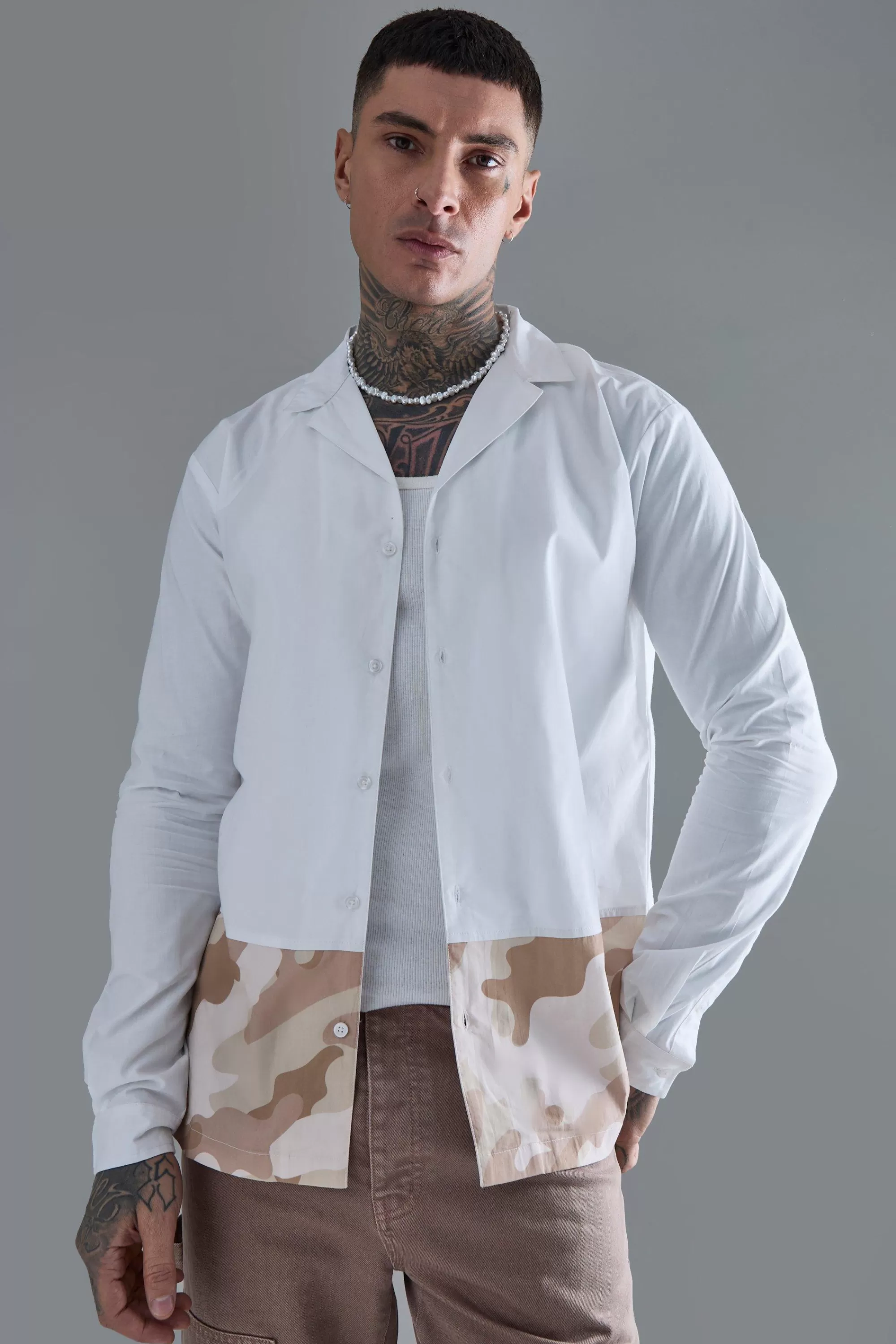 boohooMAN Tall Longsleeve Drop Revere Poplin Camouflage Print Shirt | UK