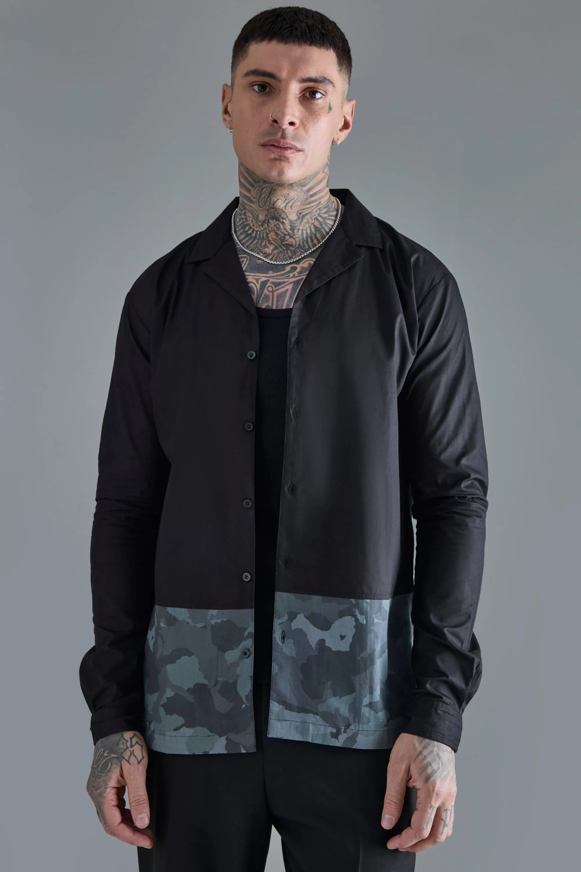 boohooMAN Tall Longsleeve Drop Revere Poplin Camouflage Print Shirt | UK