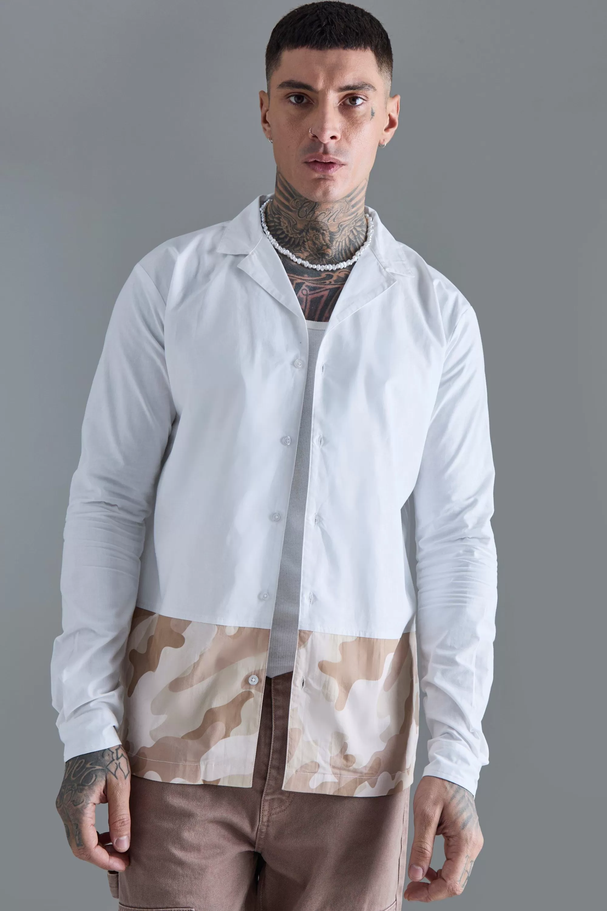 boohooMAN Tall Longsleeve Drop Revere Poplin Camouflage Print Shirt | UK