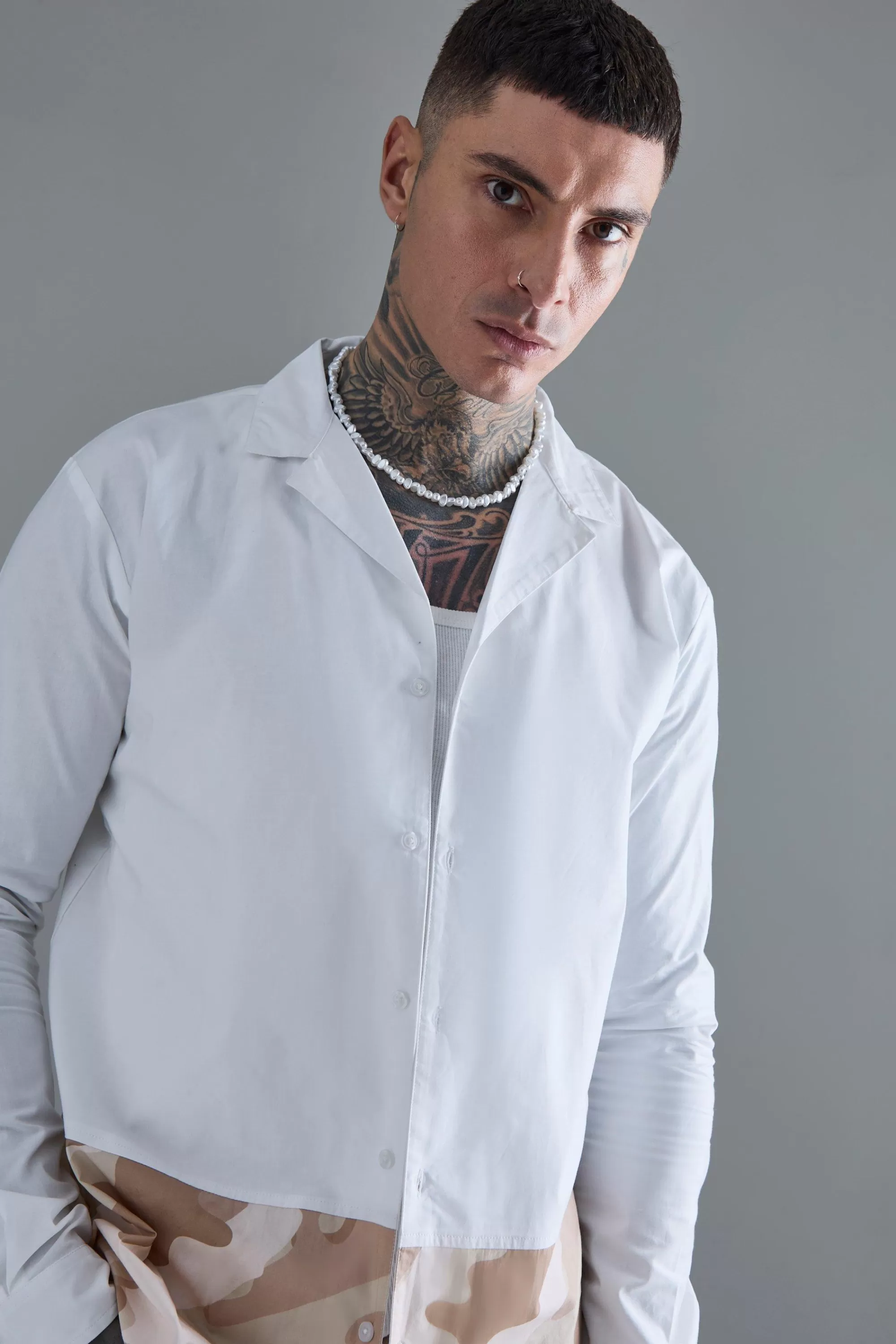 boohooMAN Tall Longsleeve Drop Revere Poplin Camouflage Print Shirt | UK