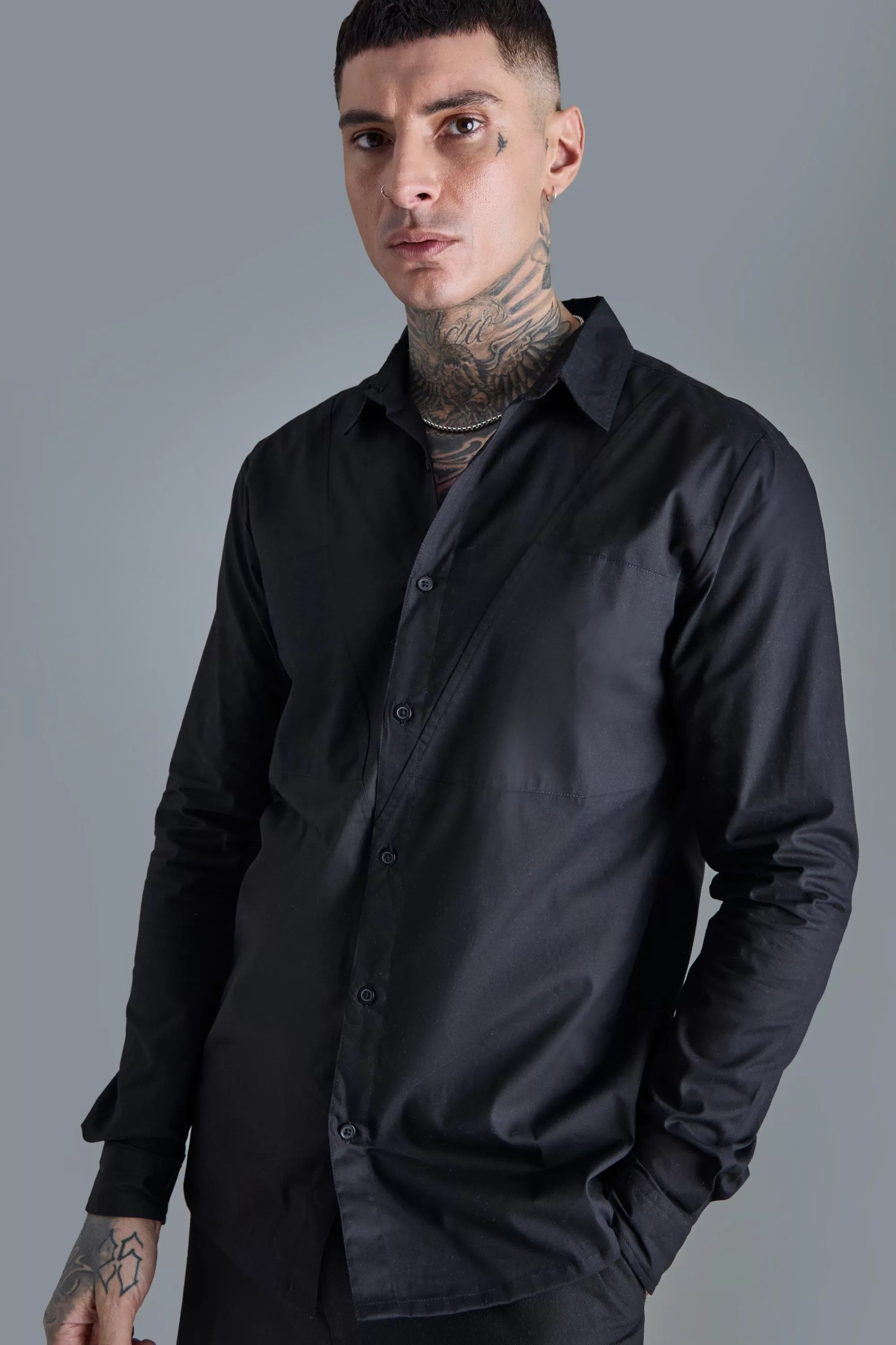 boohooMAN Tall Longsleeve Drop Revere Poplin Panel Shirt | UK