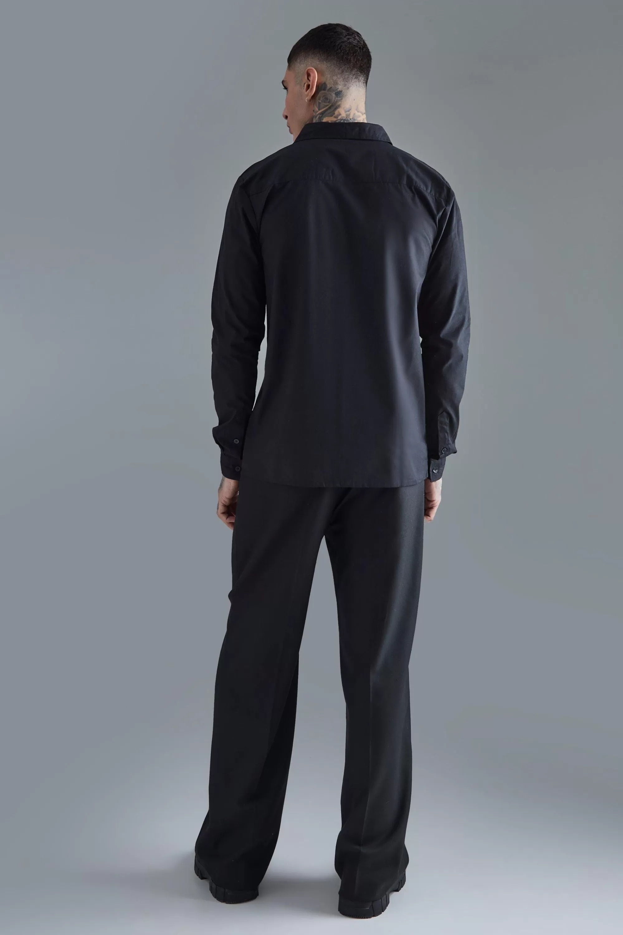 boohooMAN Tall Longsleeve Drop Revere Poplin Panel Shirt | UK