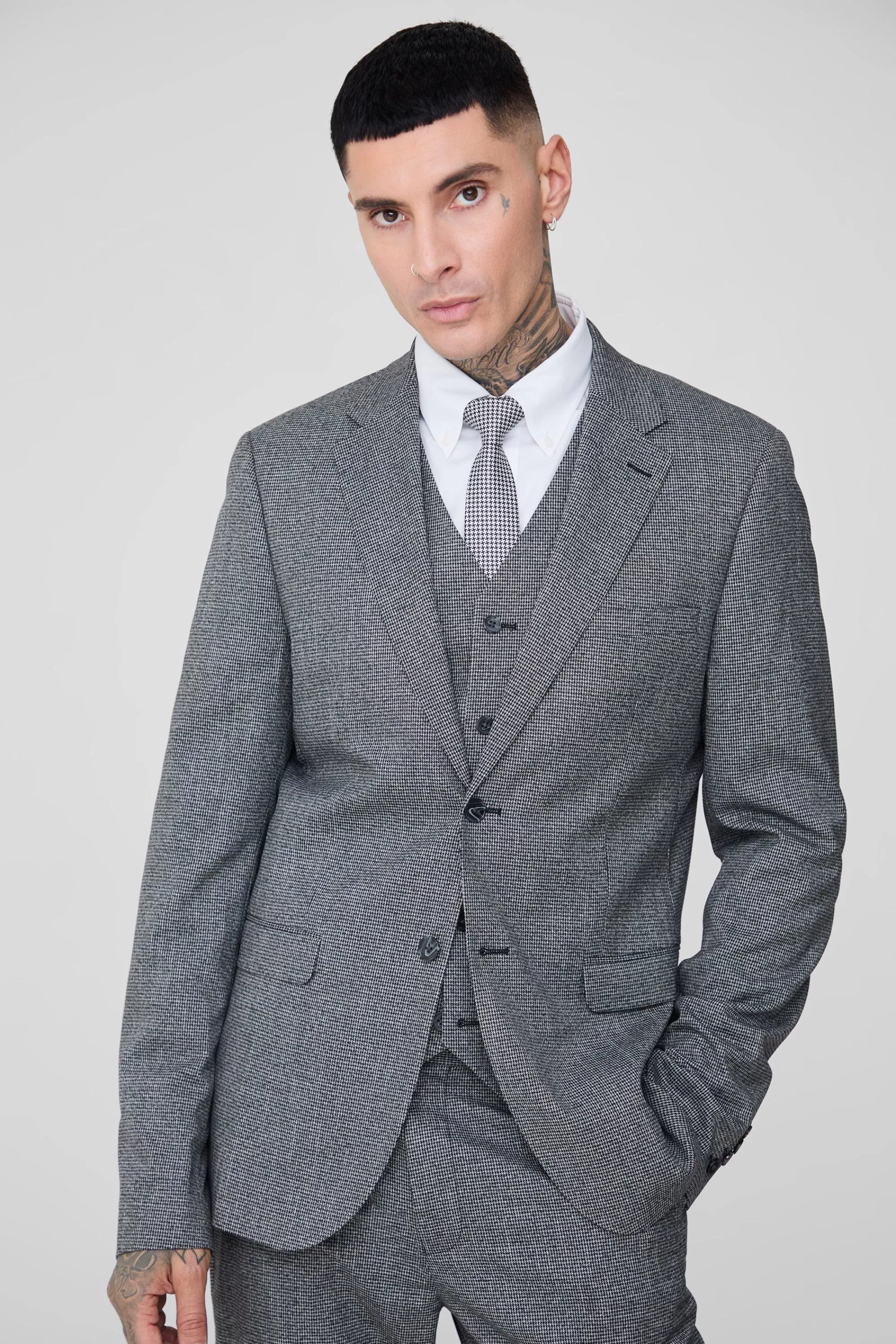 boohooMAN Tall Mini Dogtooth Single Breasted Slim Fit Suit Jacket | UK