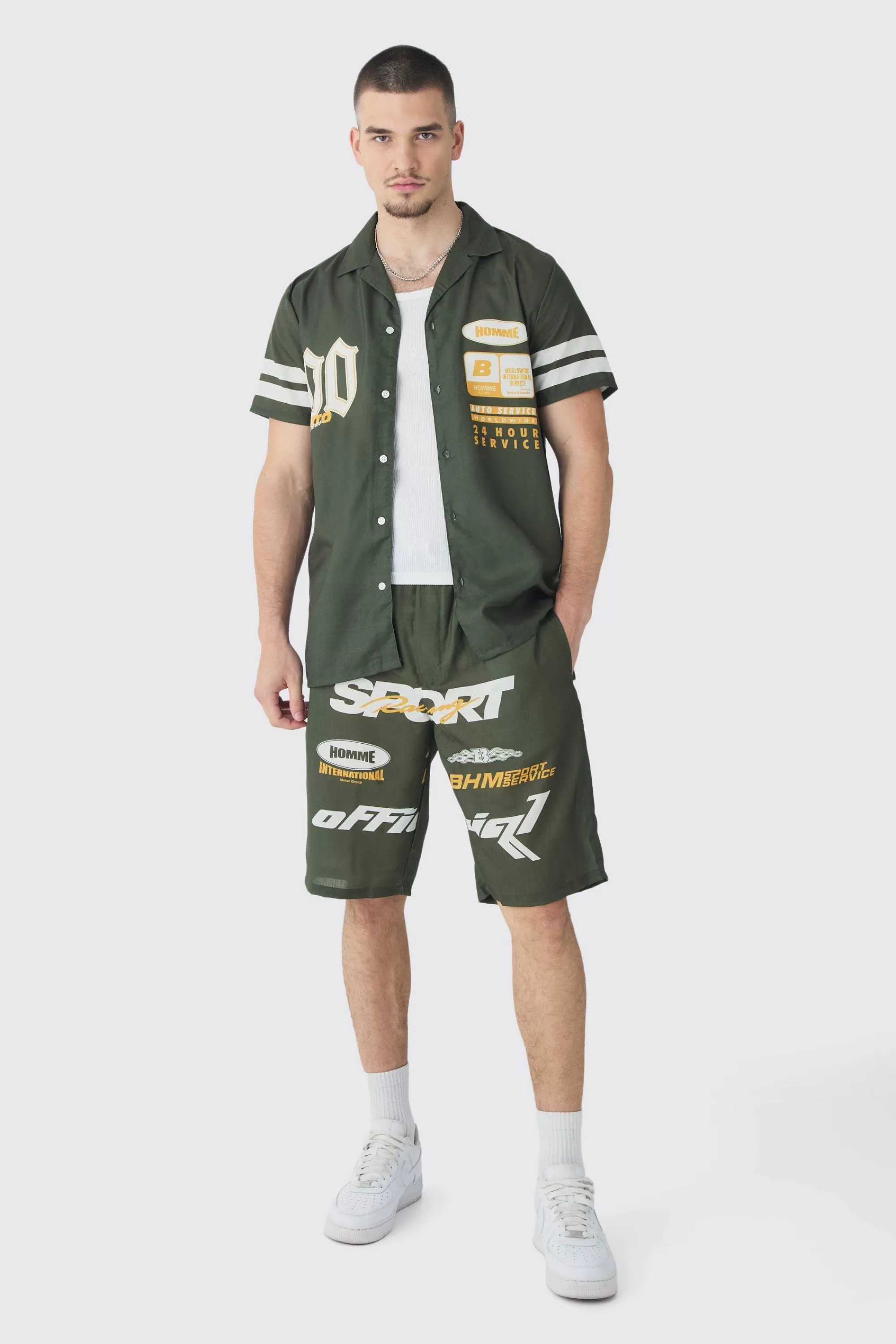 boohooMAN Tall Moto Print Shirt & Short Set In | UK