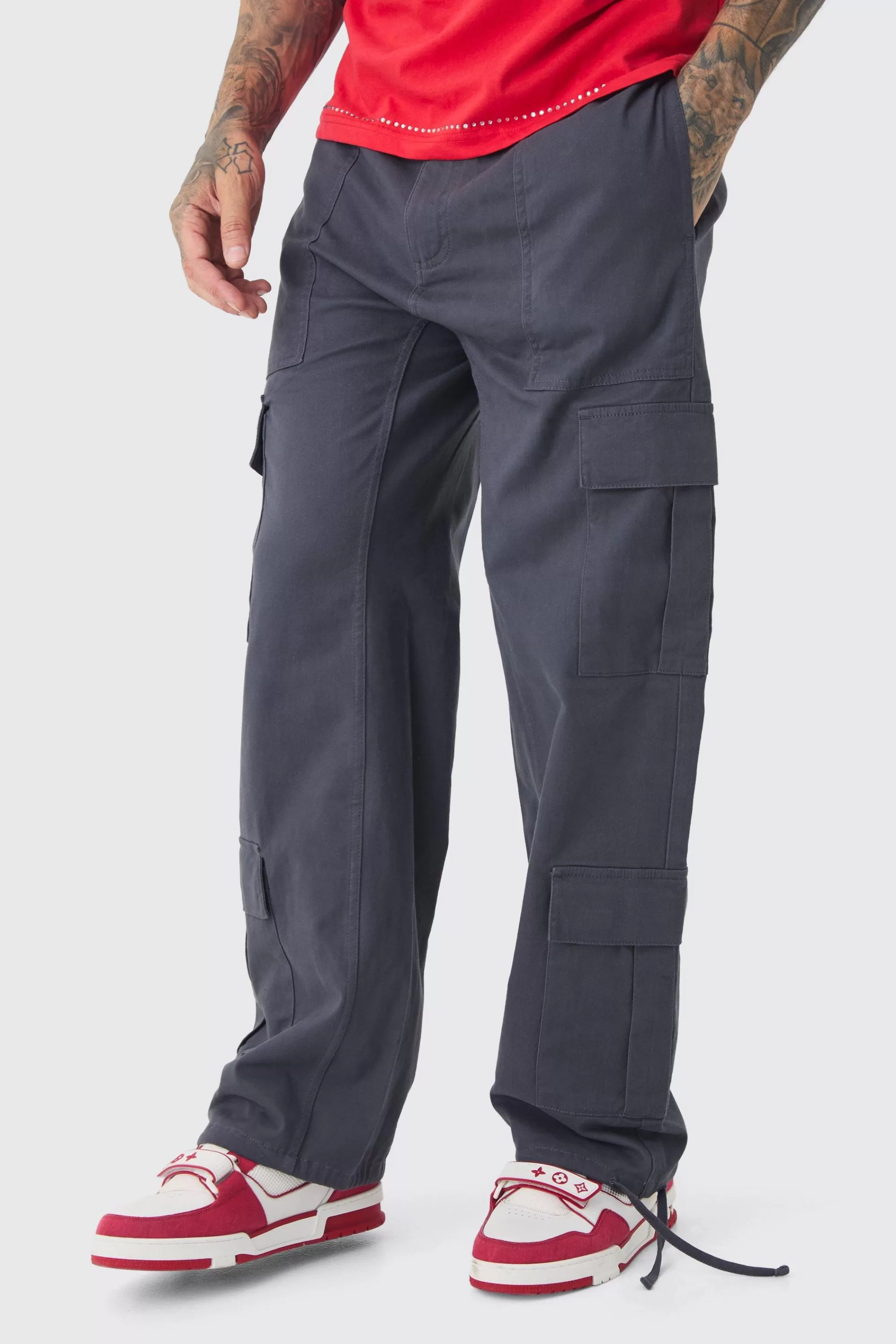 boohooMAN Tall Multi Cargo Gusset Baggy Cargo Trousers | UK