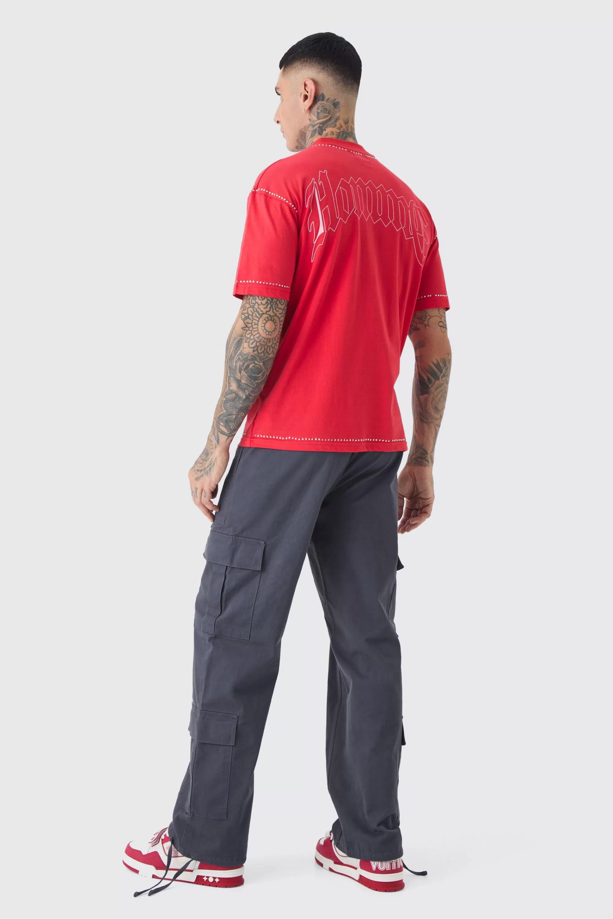 boohooMAN Tall Multi Cargo Gusset Baggy Cargo Trousers | UK