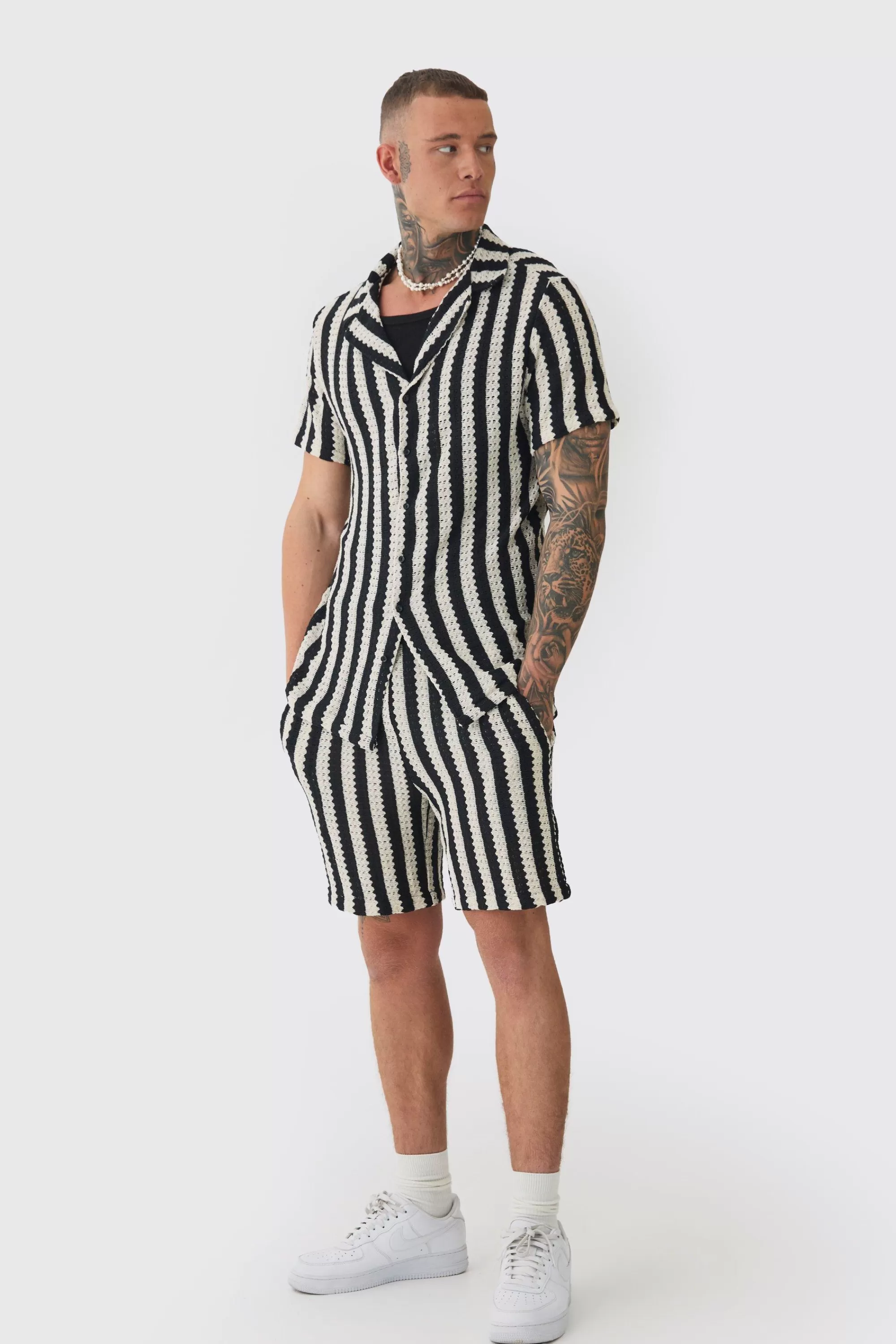 boohooMAN Tall Open Weave Oversized Shirt & Short Set | UK