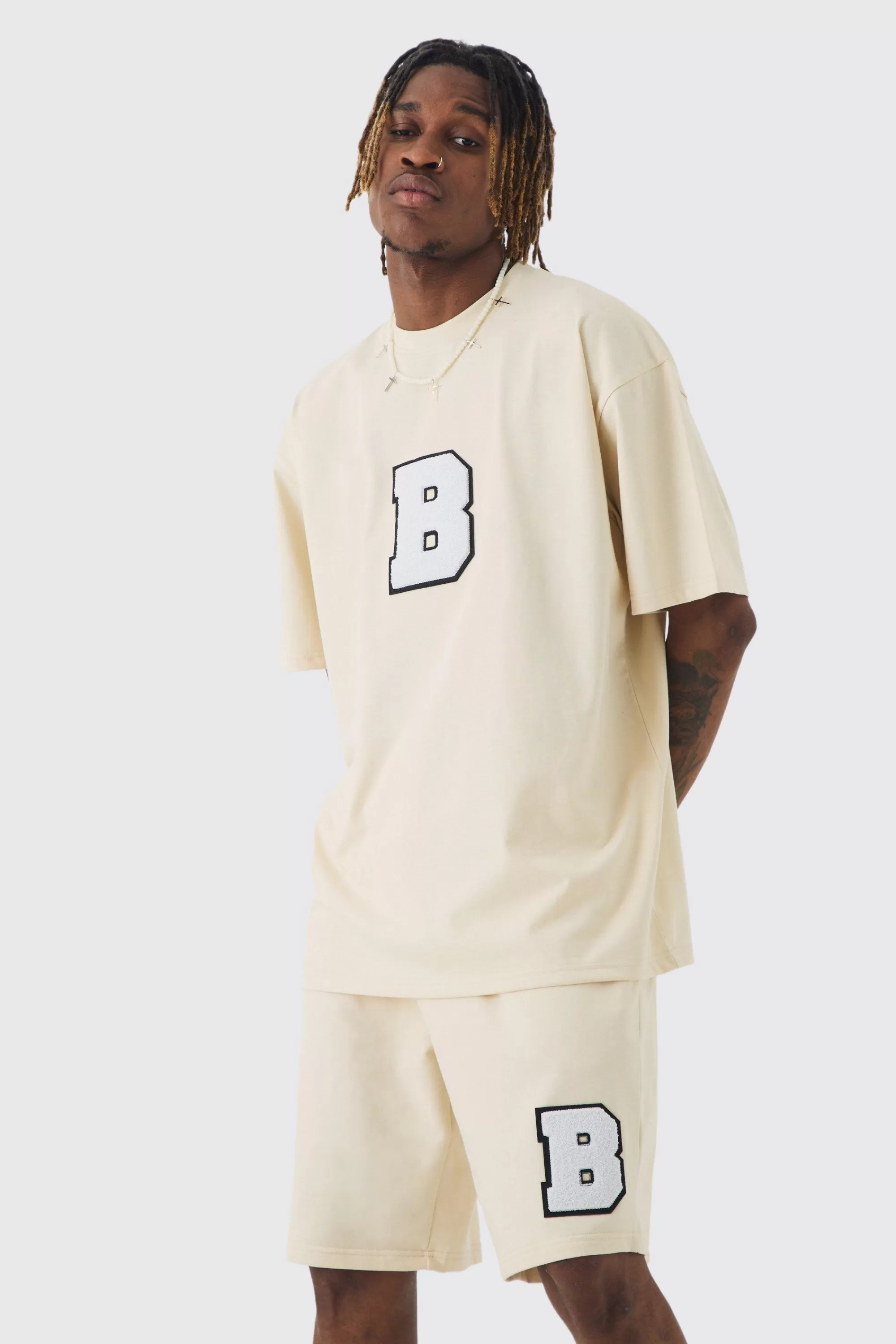 boohooMAN Tall Oversized Applique T-shirt & Short Set | UK