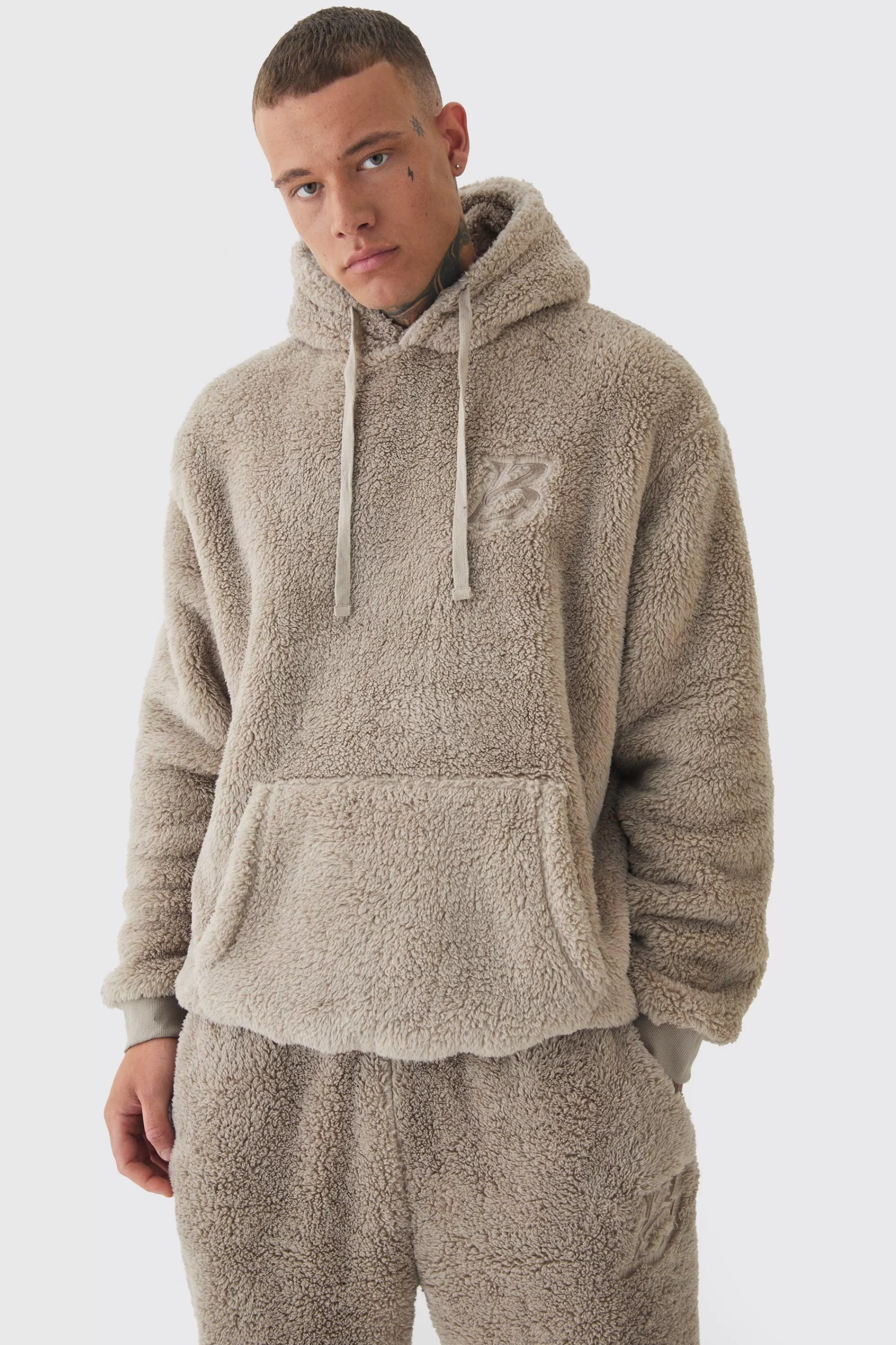 boohooMAN Tall Oversized Borg Embroidered Hooded Tracksuit | UK