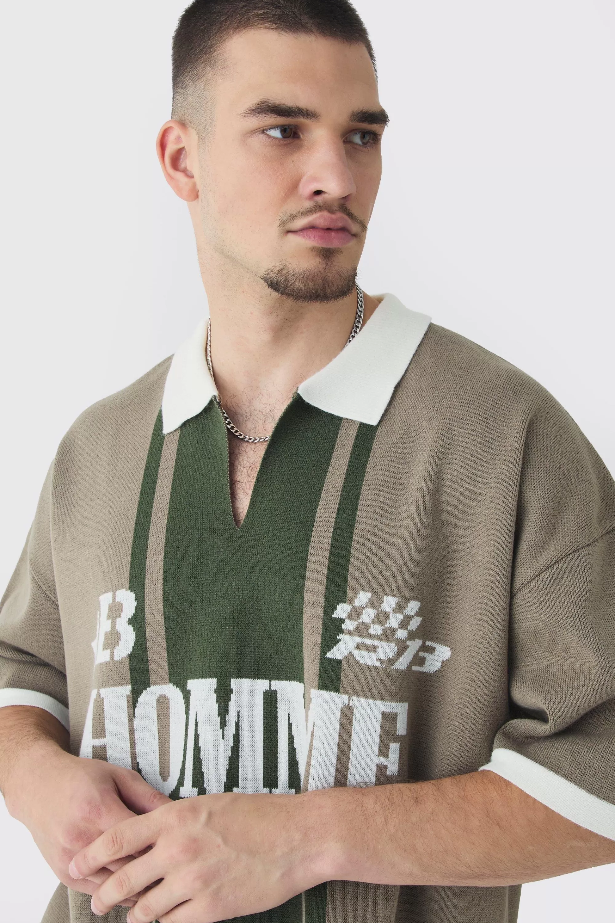 boohooMAN Tall Oversized Boxy Football Knitted Polo Shirt | UK
