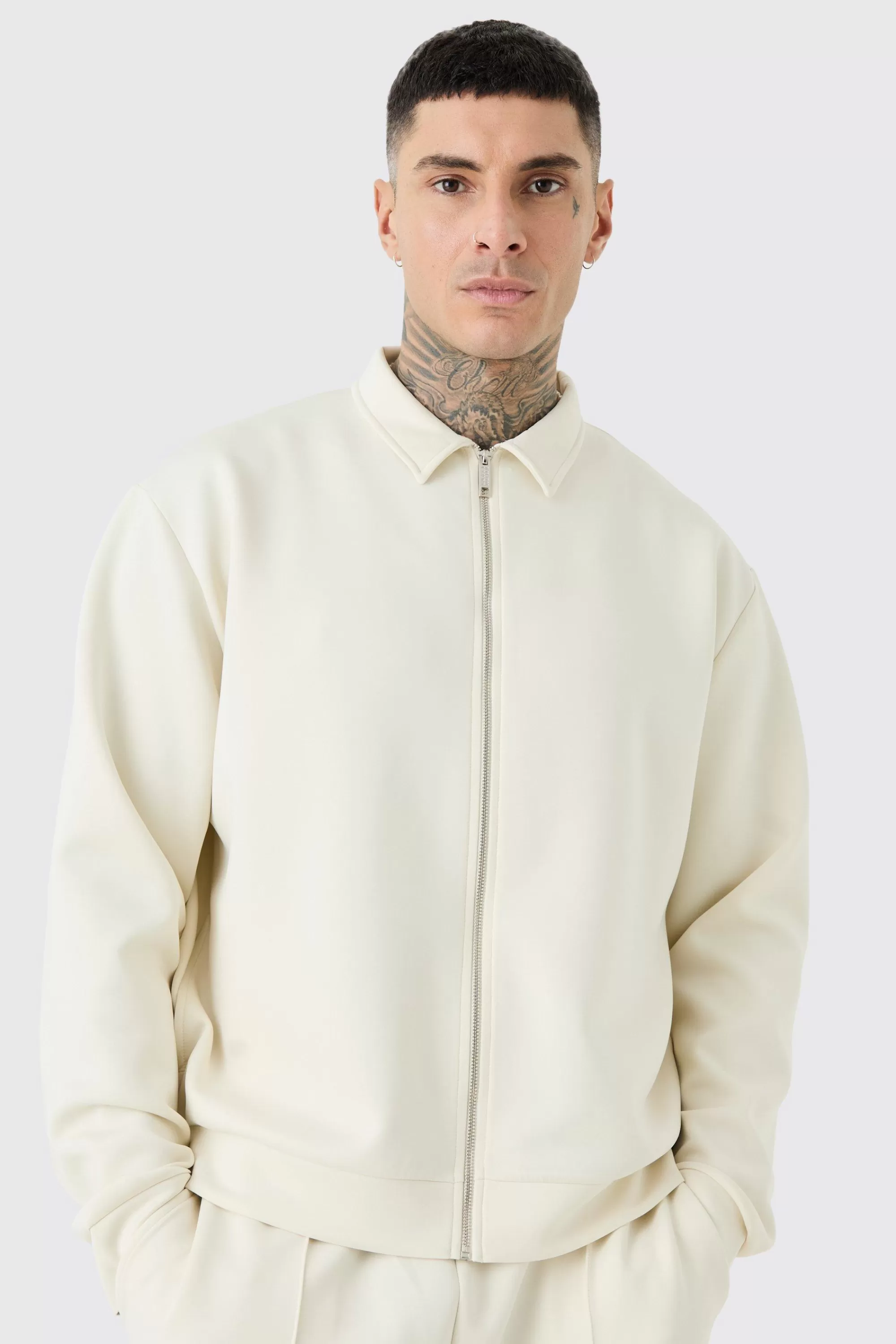 boohooMAN Tall Oversized Boxy Scuba Embossed Harrington | UK