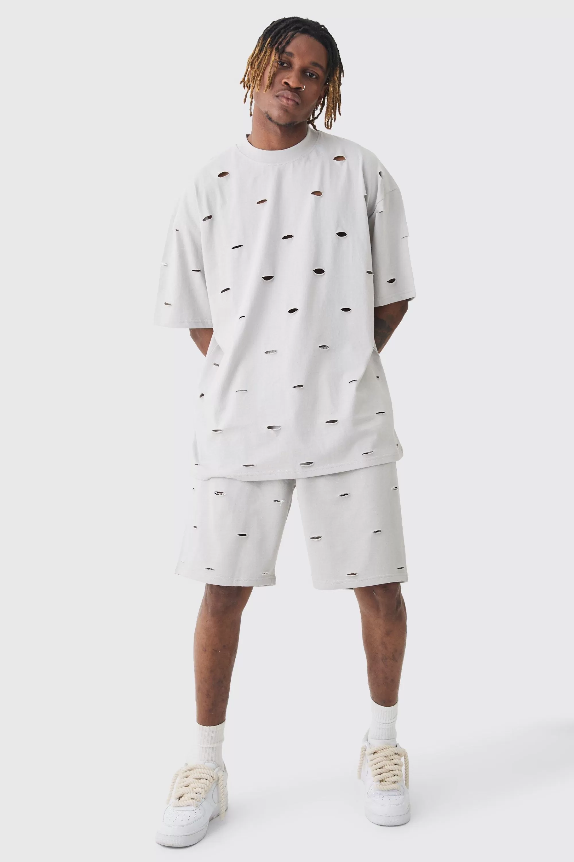 boohooMAN Tall Oversized Distressed Overdye T-shirt & Short Set | UK