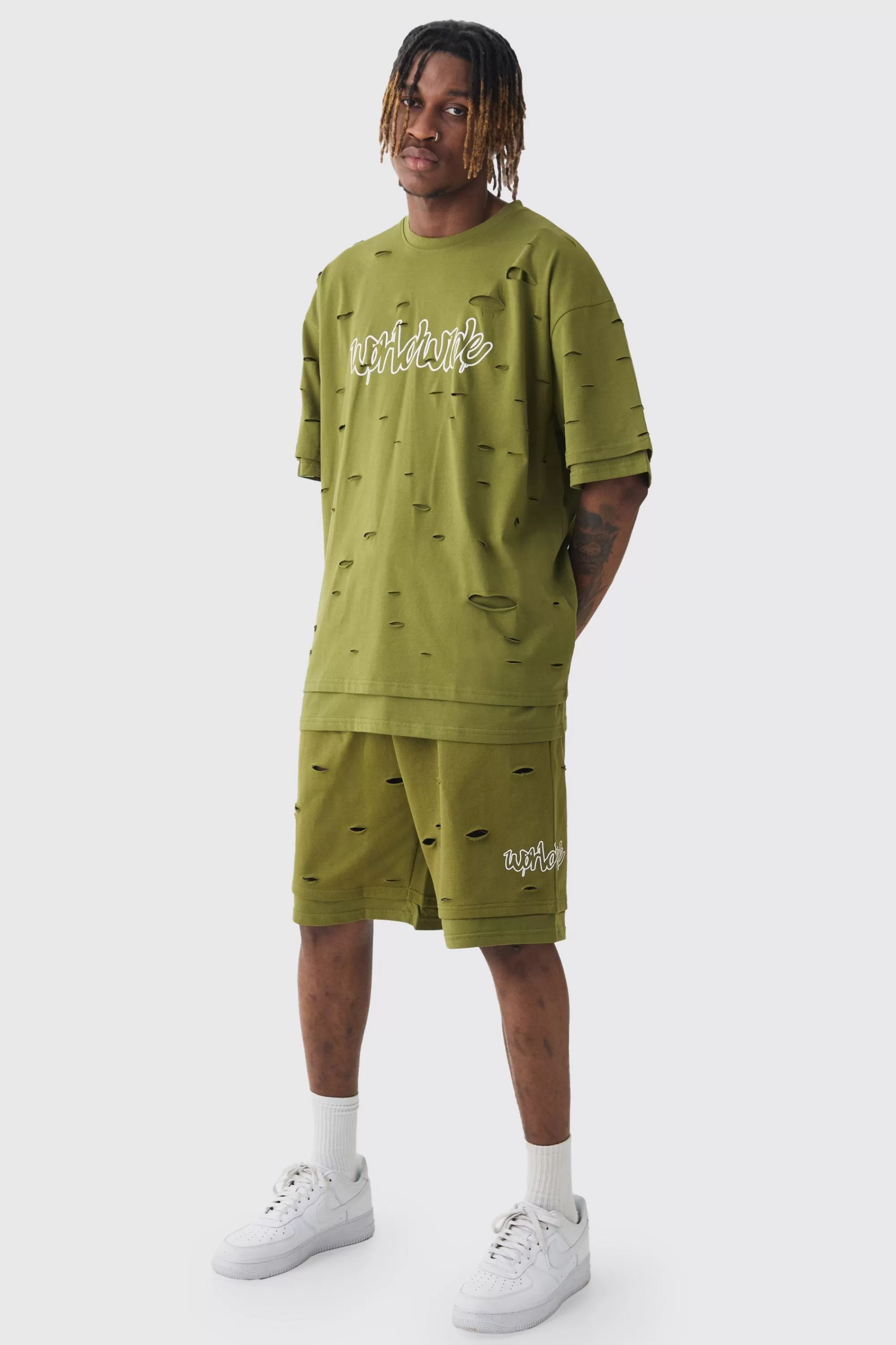 boohooMAN Tall Oversized Double Layer Homme T-shirt & Short Set | UK