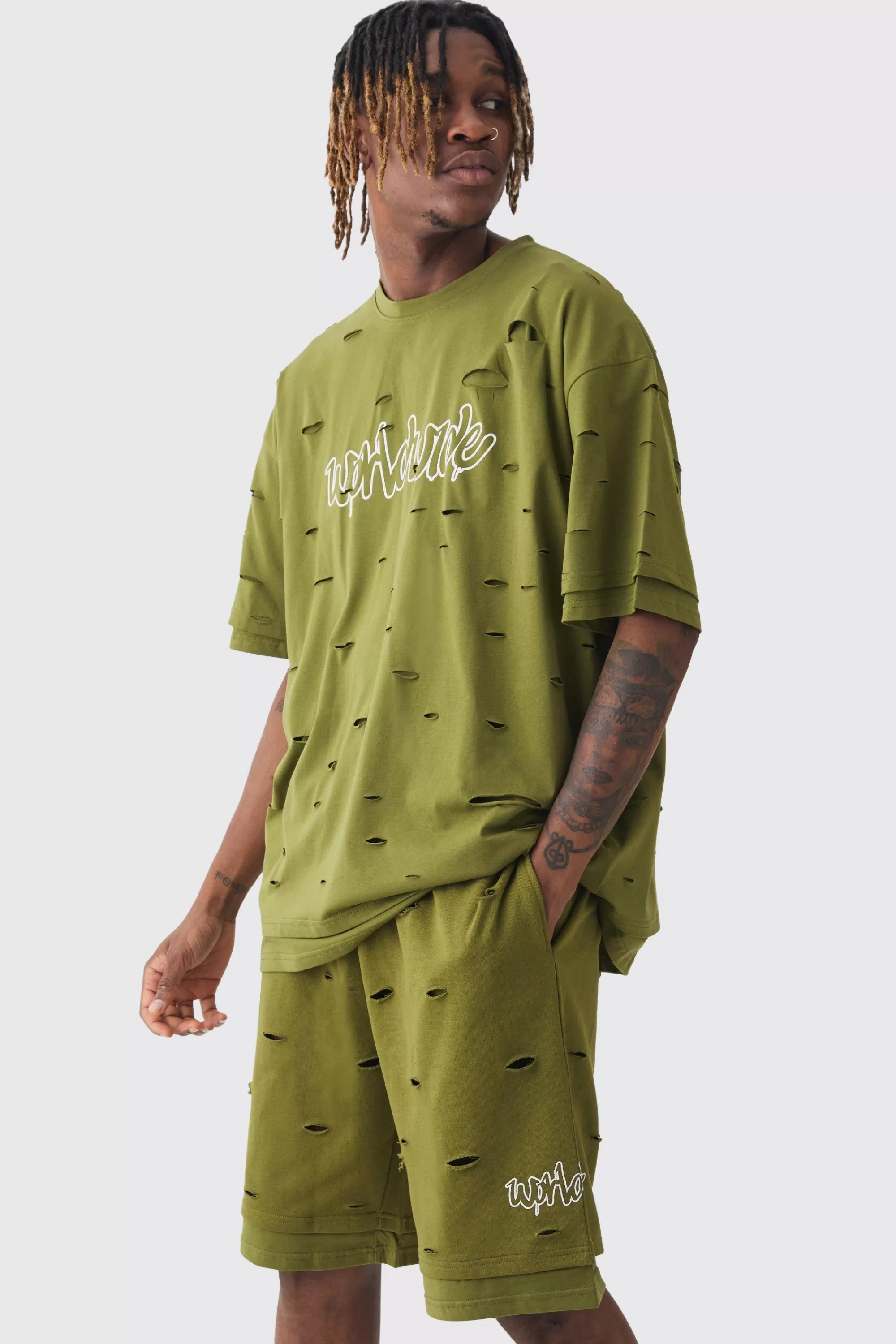 boohooMAN Tall Oversized Double Layer Homme T-shirt & Short Set | UK