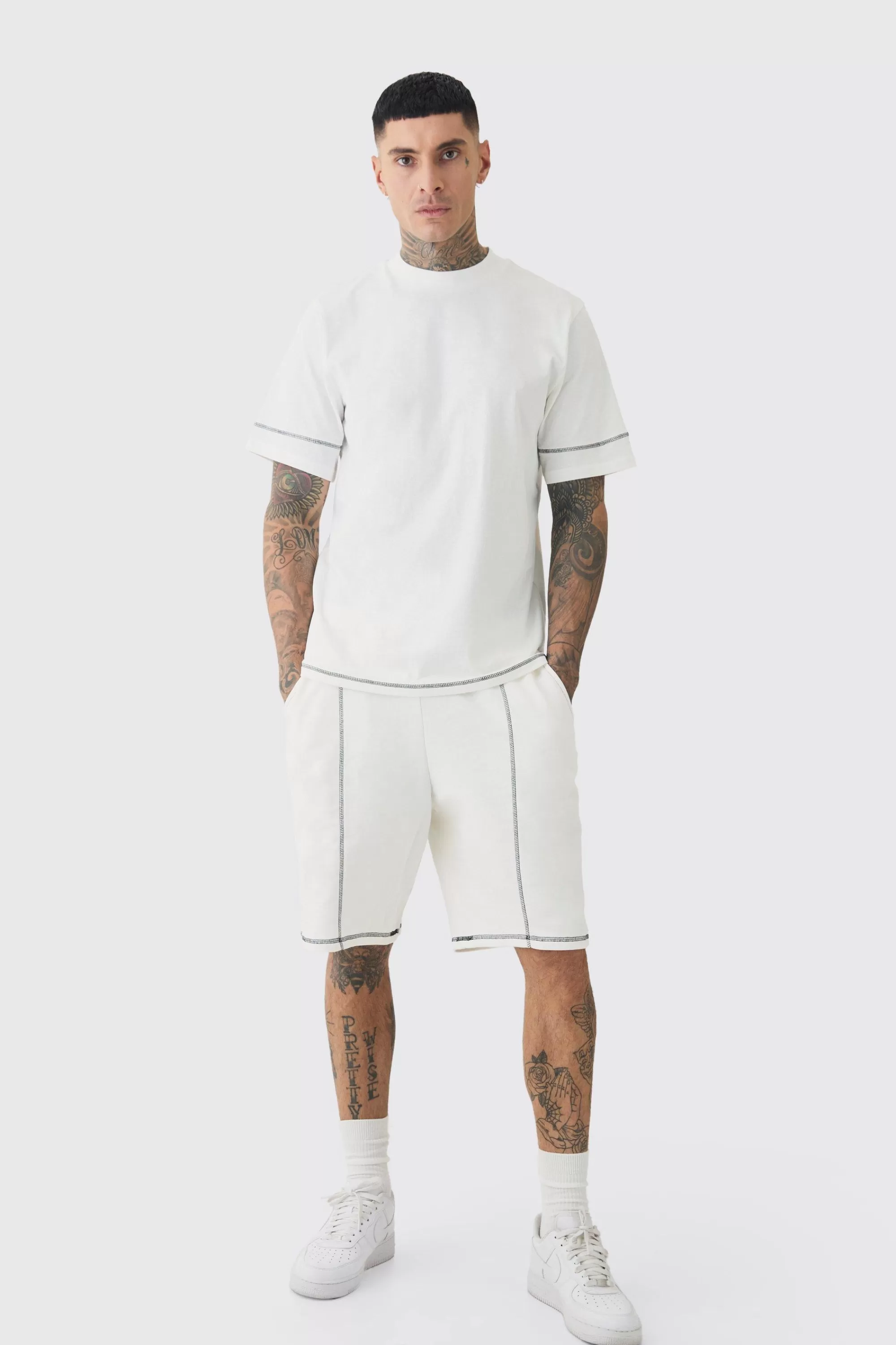 boohooMAN Tall Oversized Extended Contrast Stitch T-shirt & Short Set | UK