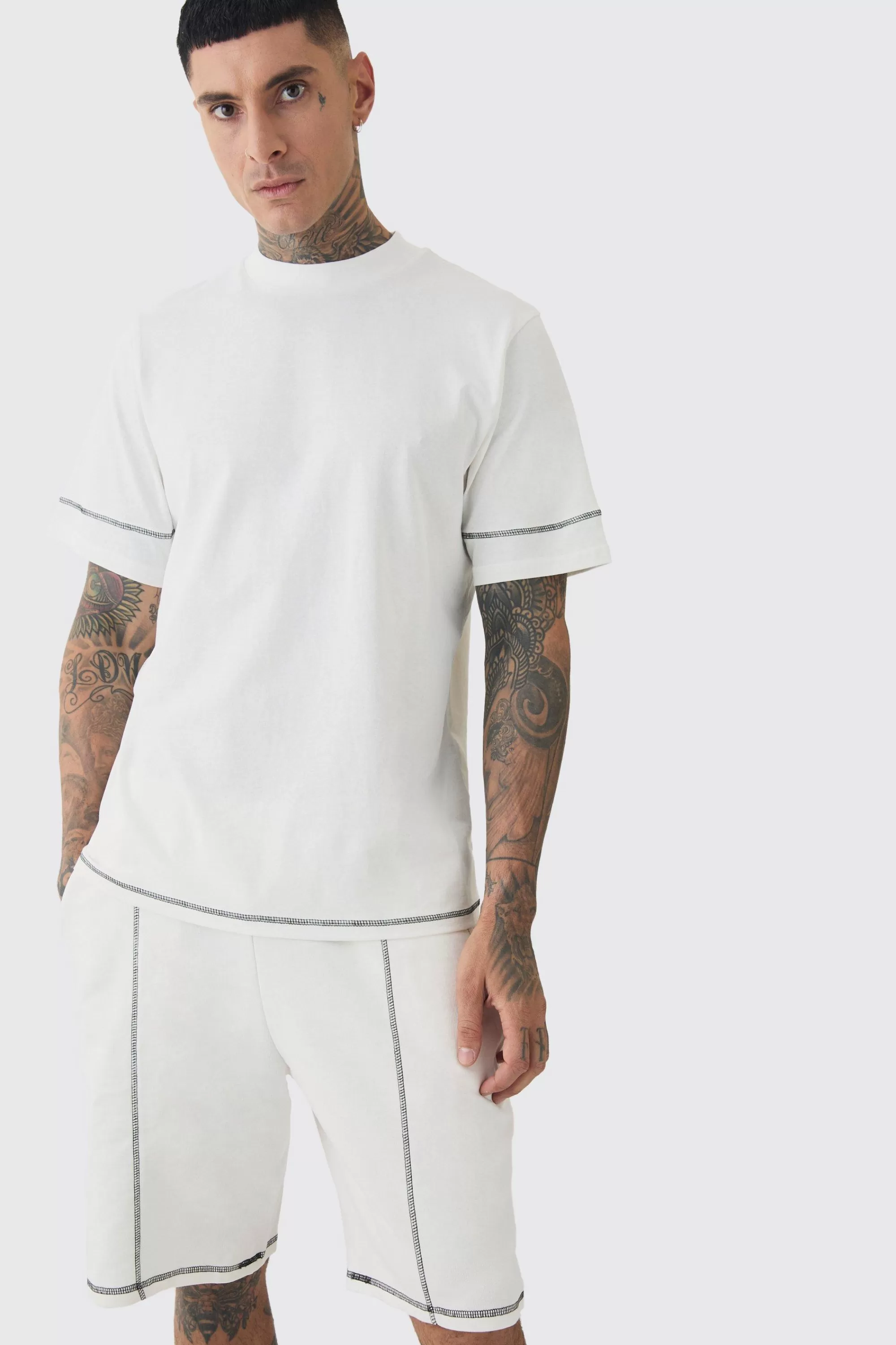 boohooMAN Tall Oversized Extended Contrast Stitch T-shirt & Short Set | UK