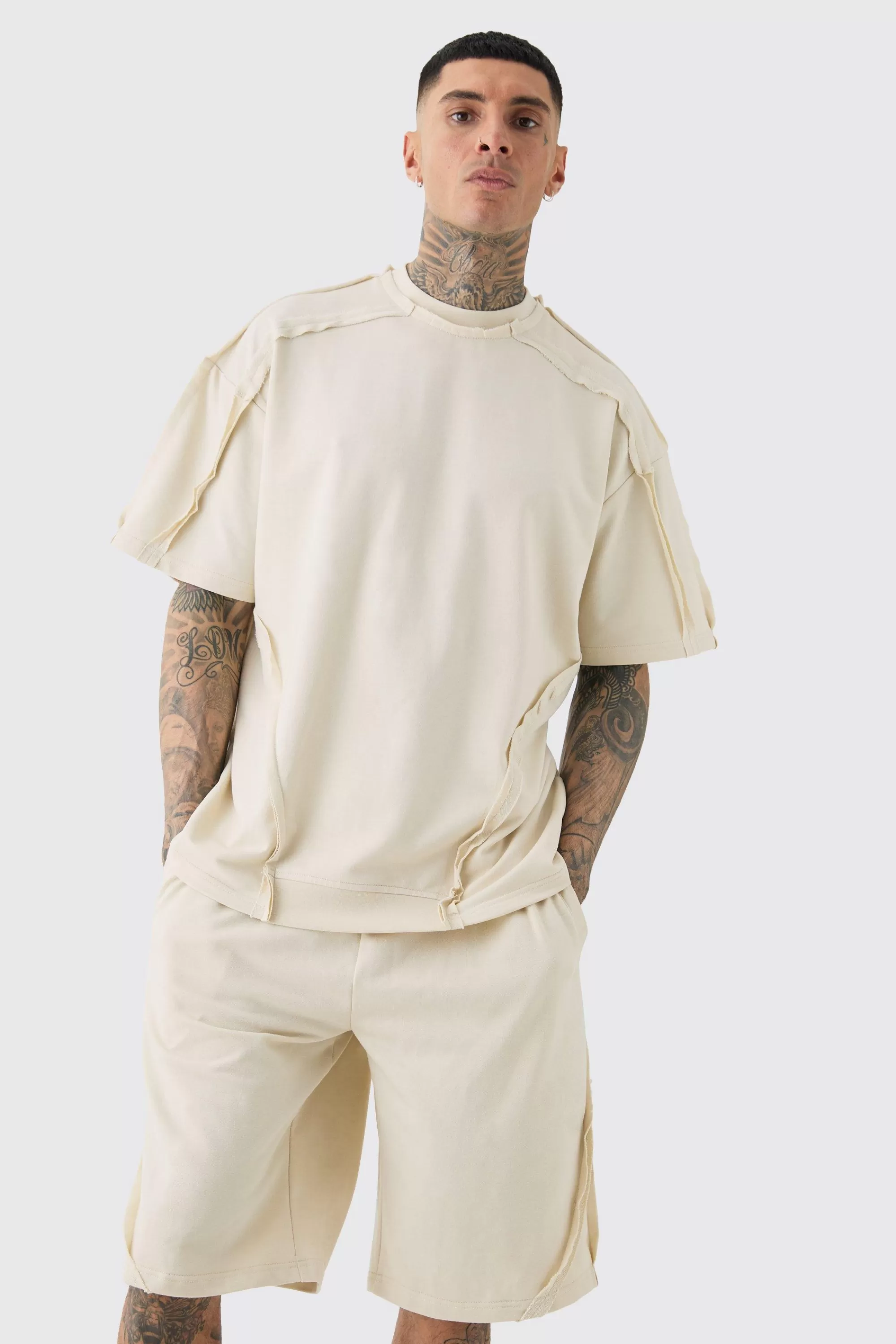 boohooMAN Tall Oversized Extended Neck Distressed Seam T-shirt & Short Set | UK