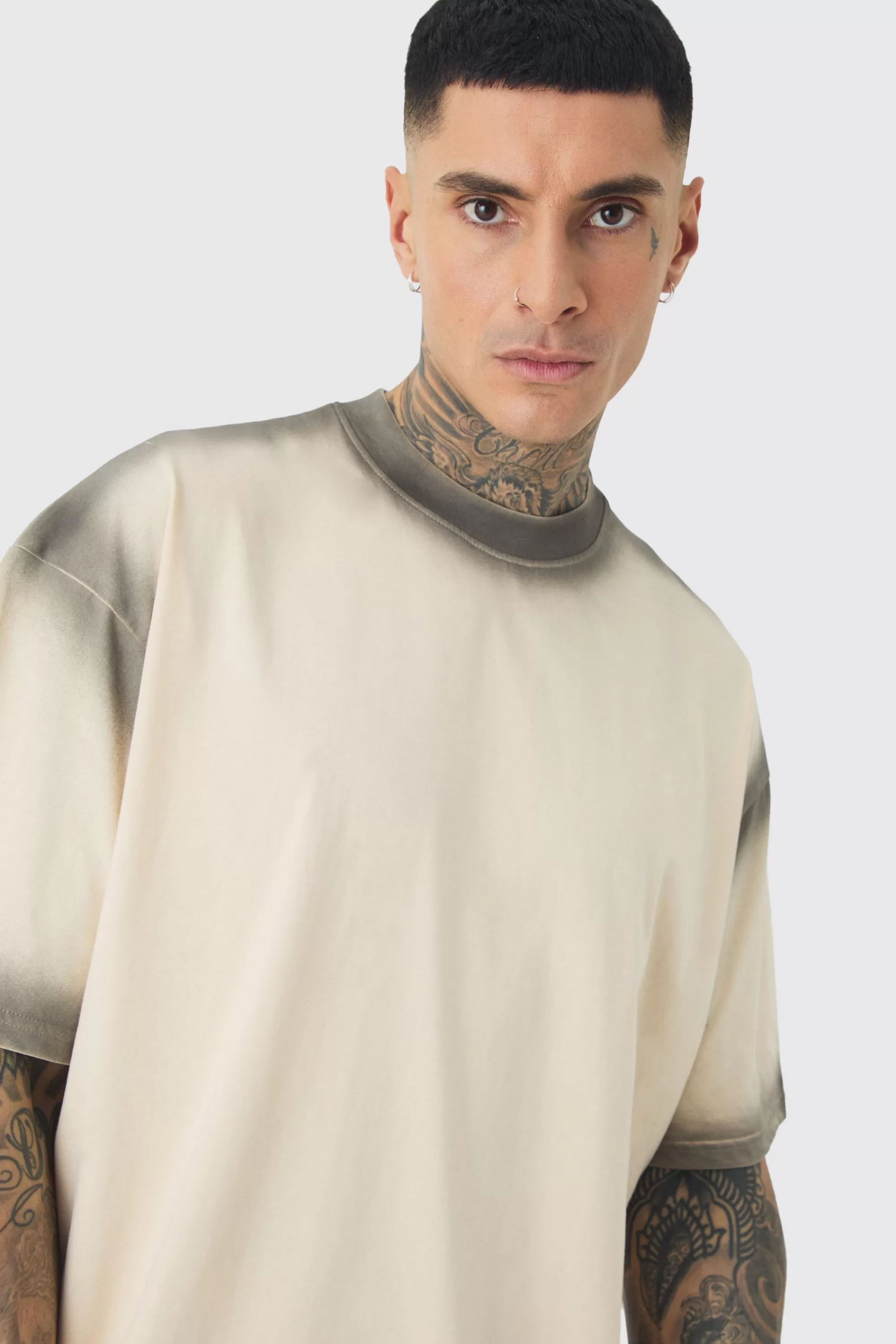 boohooMAN Tall Oversized Extended Neck Spray Wash T-shirt & Short Set | UK