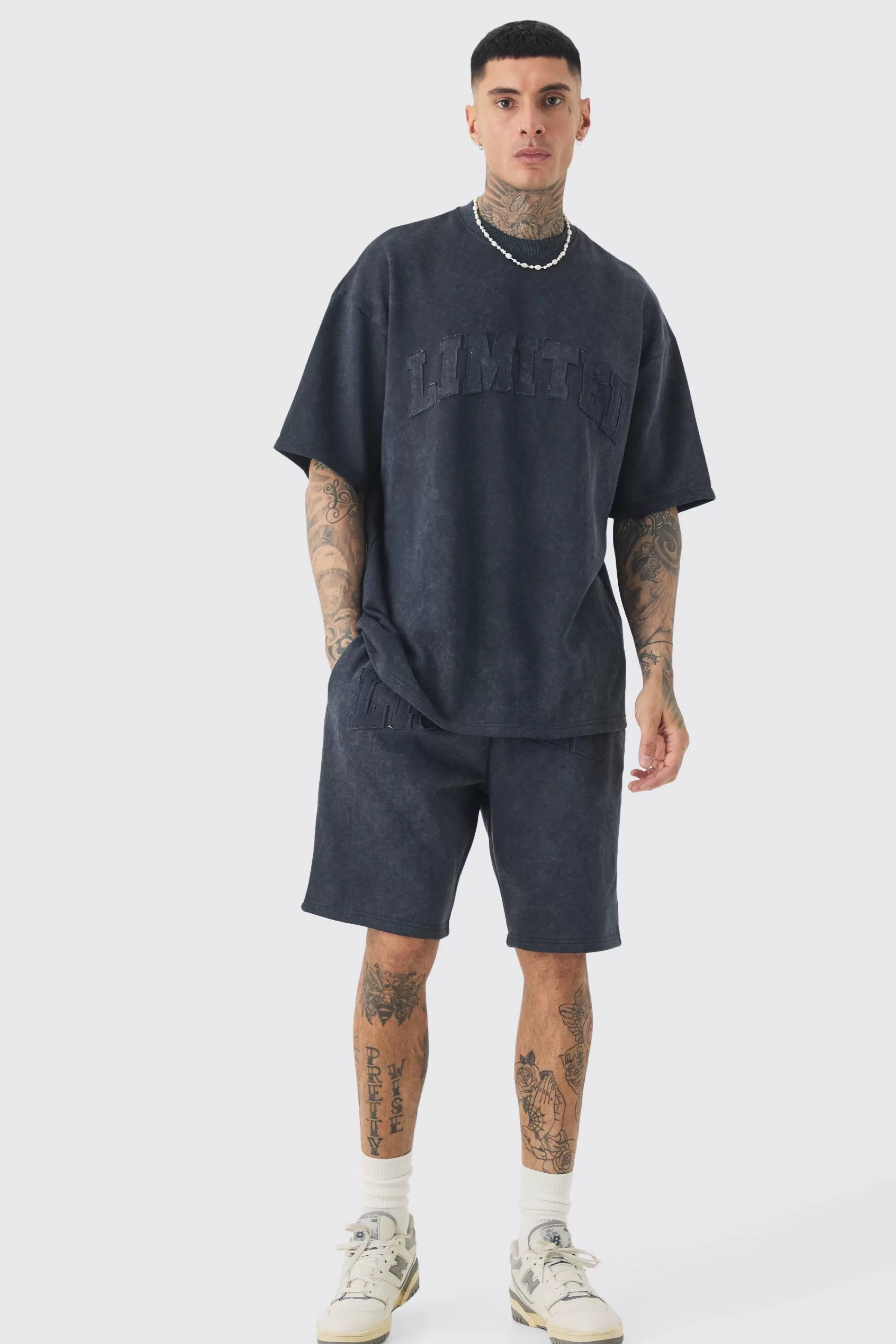 boohooMAN Tall Oversized Limited Applique Washed T-shirt & Short Set | UK