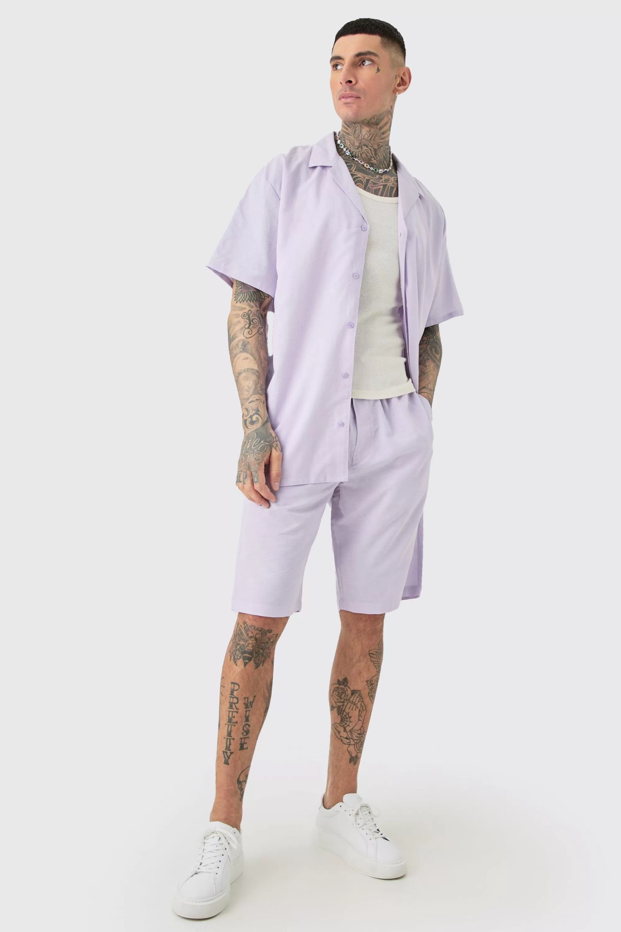 boohooMAN Tall Oversized Linen Drop Revere Shirt & Short Set In | UK