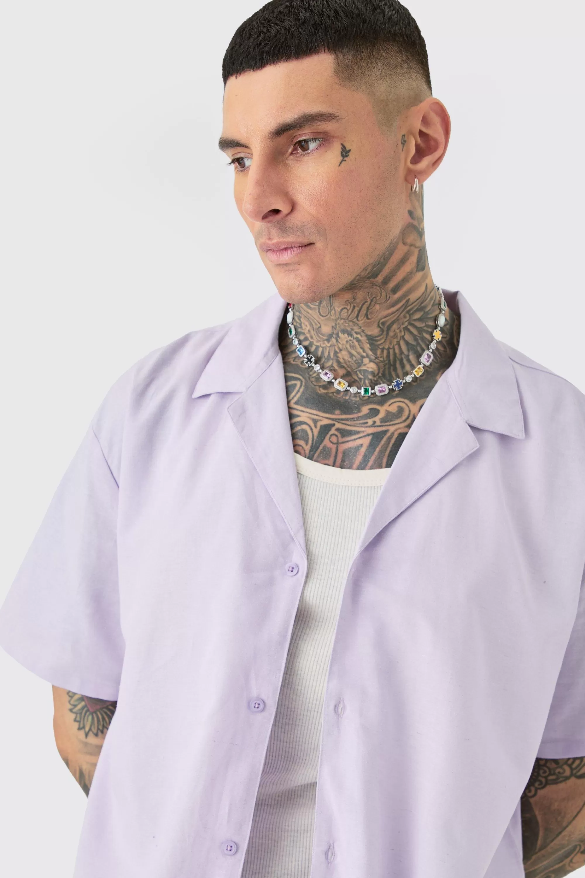 boohooMAN Tall Oversized Linen Drop Revere Shirt & Short Set In | UK