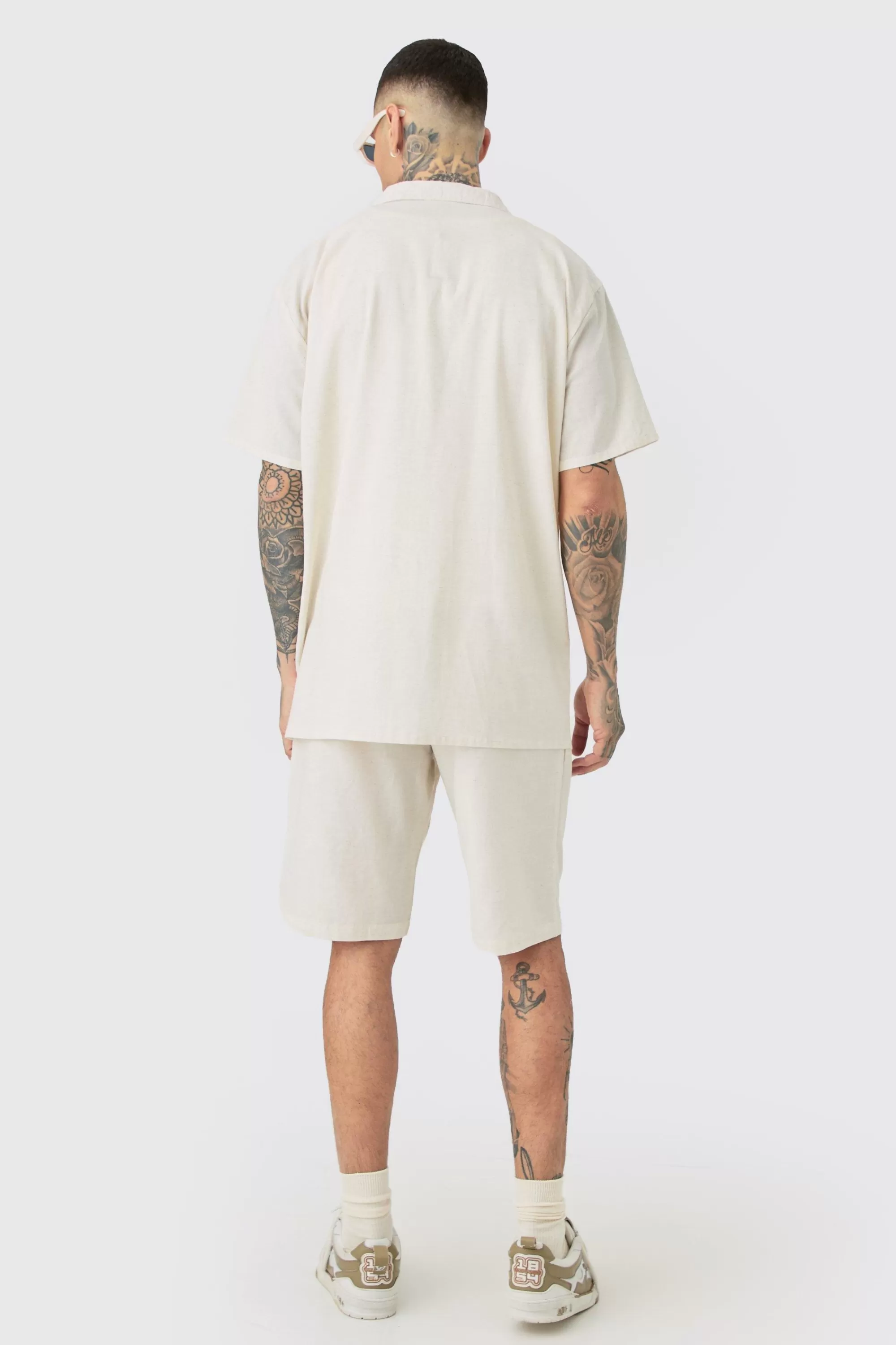 boohooMAN Tall Oversized Linen Drop Revere Shirt & Short Set In | UK