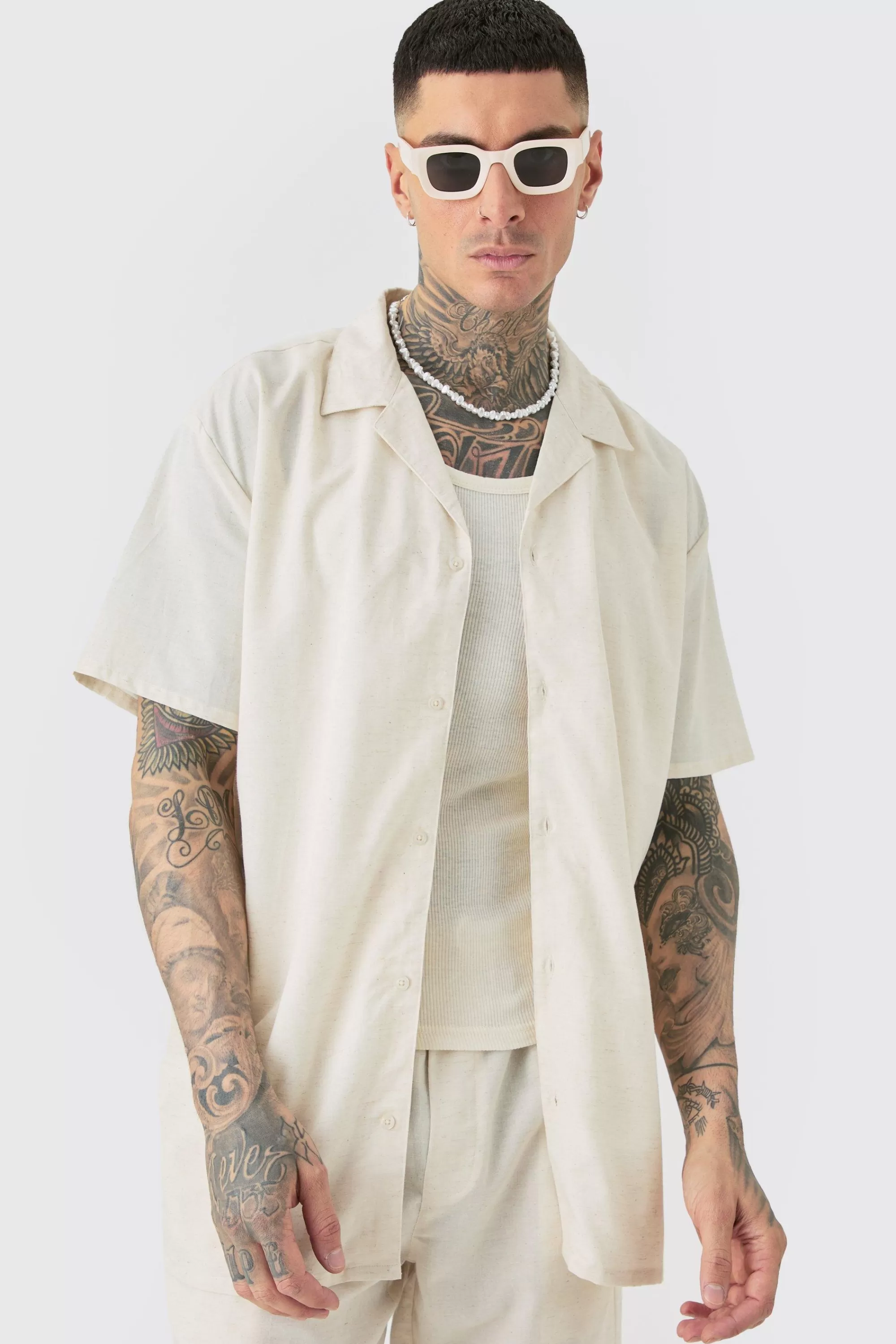 boohooMAN Tall Oversized Linen Drop Revere Shirt & Short Set In | UK