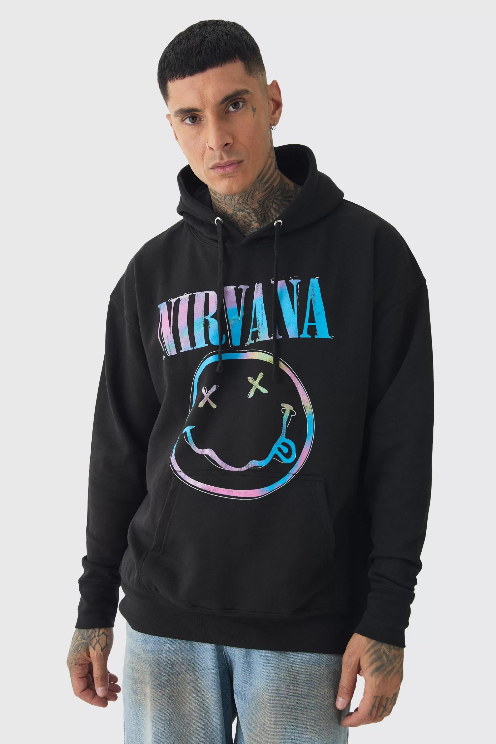 boohooMAN Tall Oversized Nirvana Face License Print Hoodie | UK