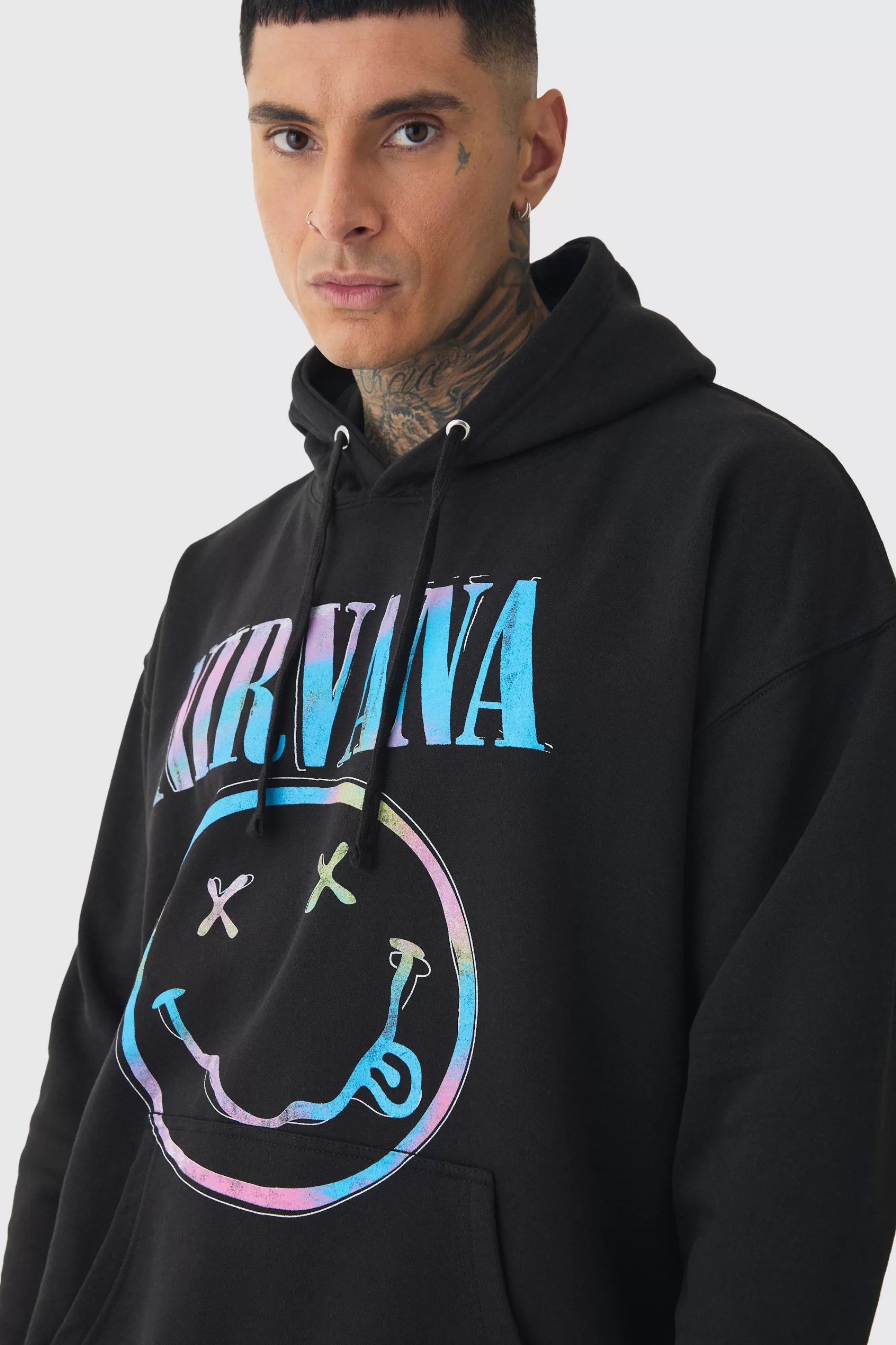 boohooMAN Tall Oversized Nirvana Face License Print Hoodie | UK
