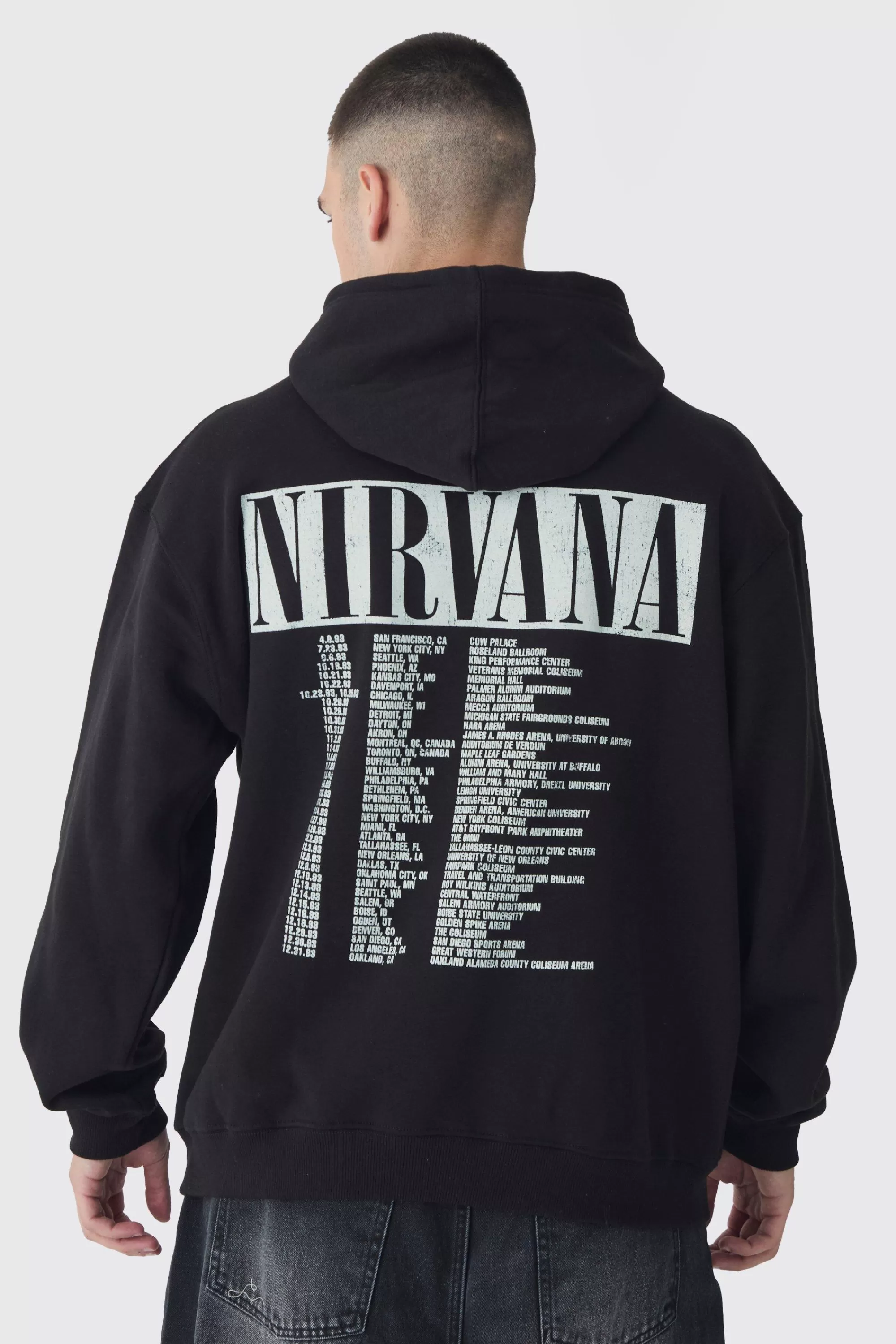 boohooMAN Tall Oversized Nirvana License Tour Date License Hoodie | UK