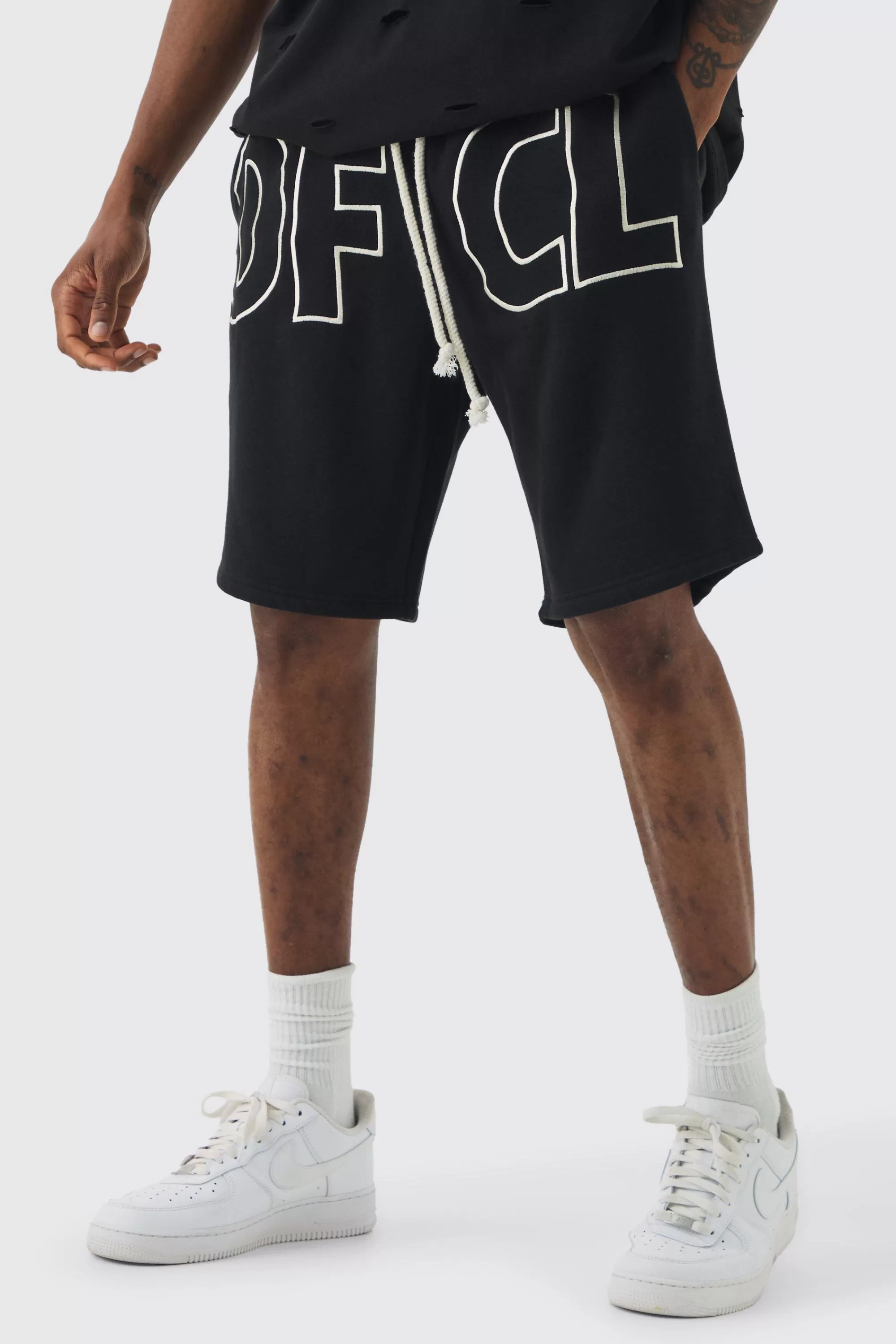 boohooMAN Tall Oversized OFCL Applique Jersey Shorts | UK