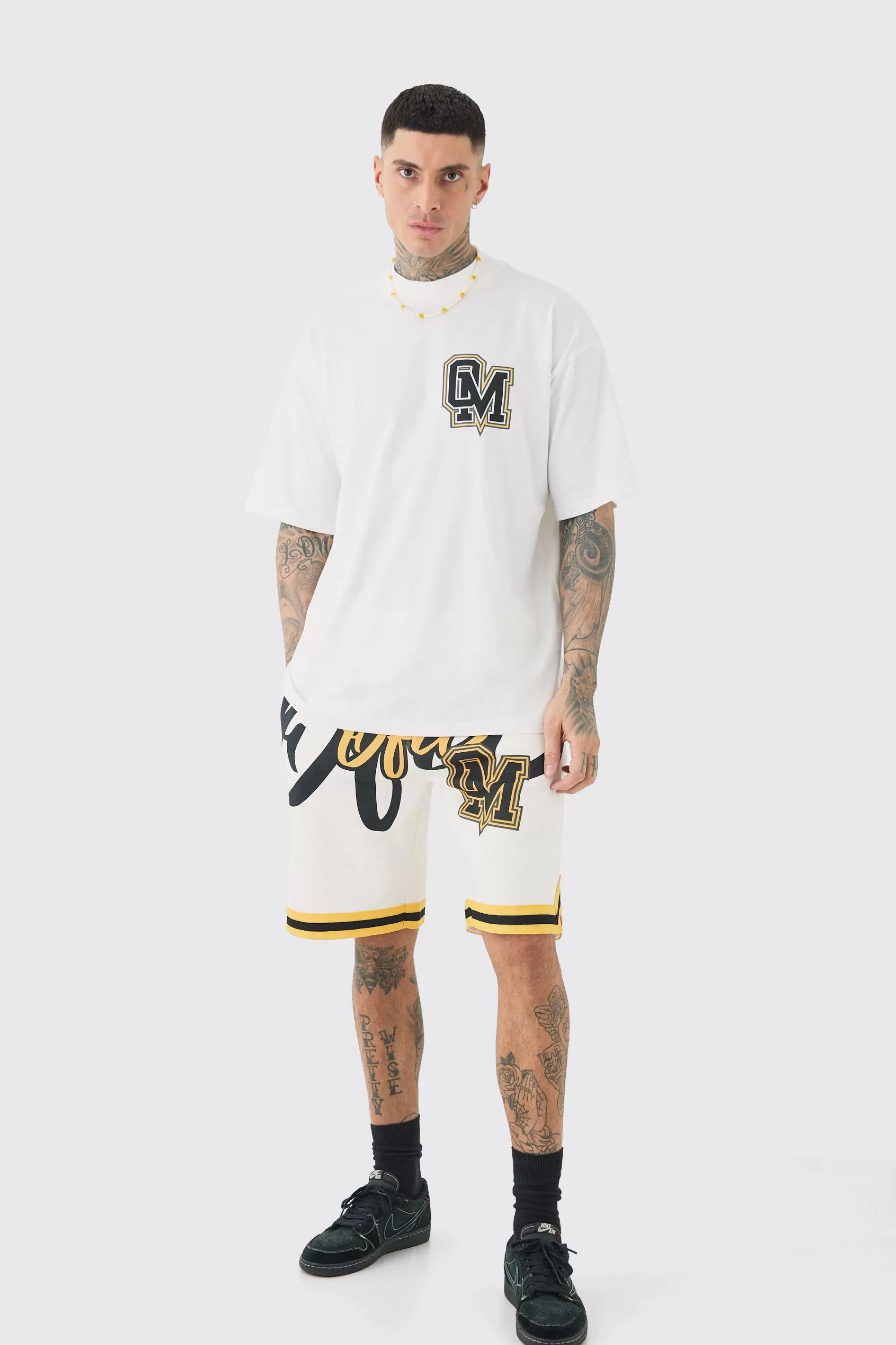 boohooMAN Tall Oversized OFCL Basketball Tee & Short Set | UK