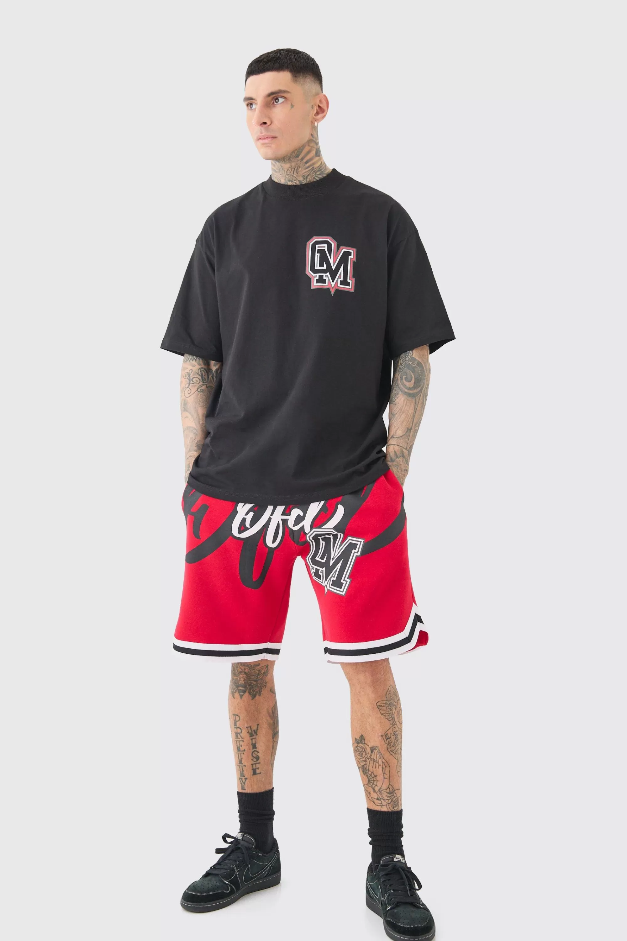 boohooMAN Tall Oversized OFCL Basketball T-shirt & Short Set | UK