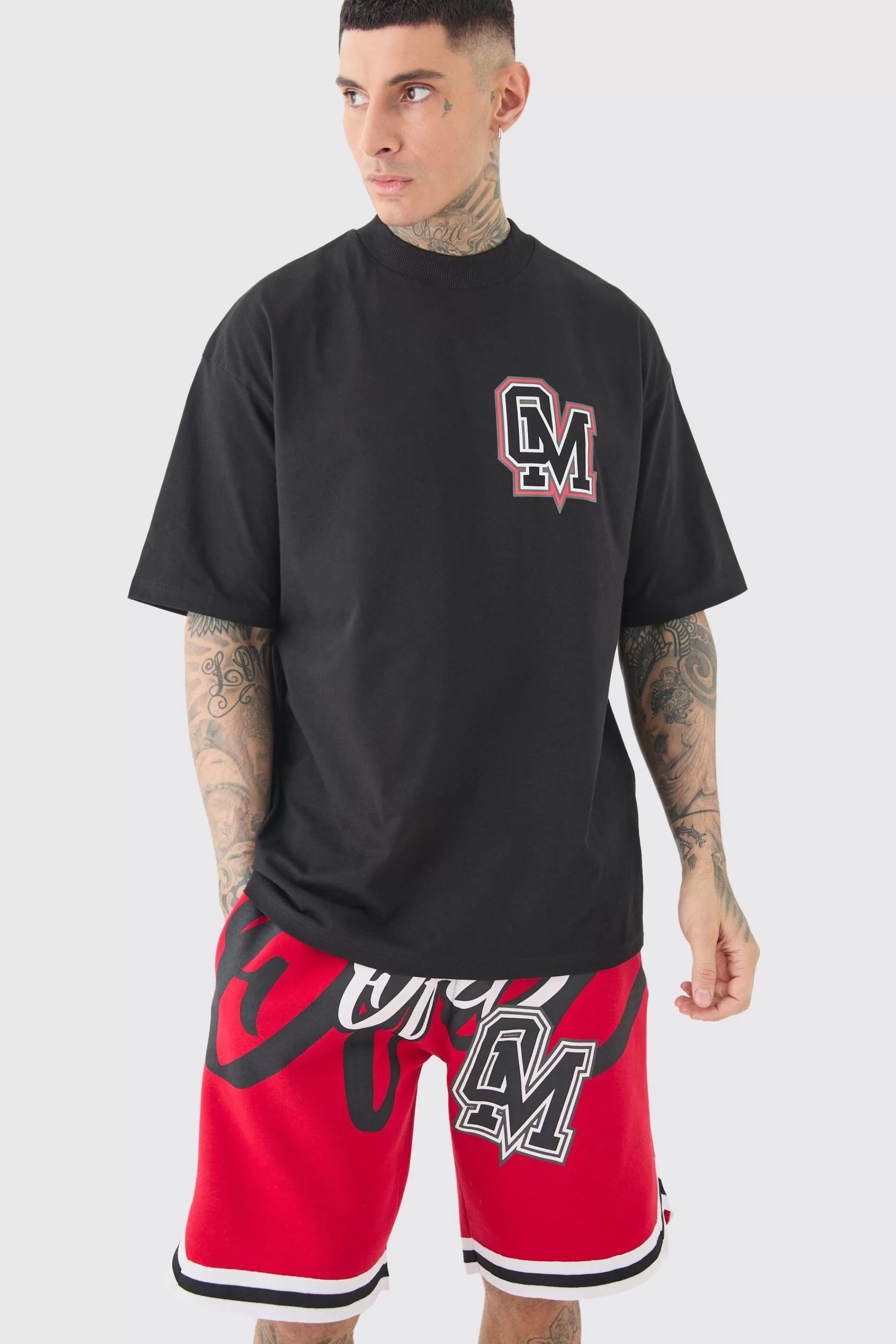 boohooMAN Tall Oversized OFCL Basketball T-shirt & Short Set | UK
