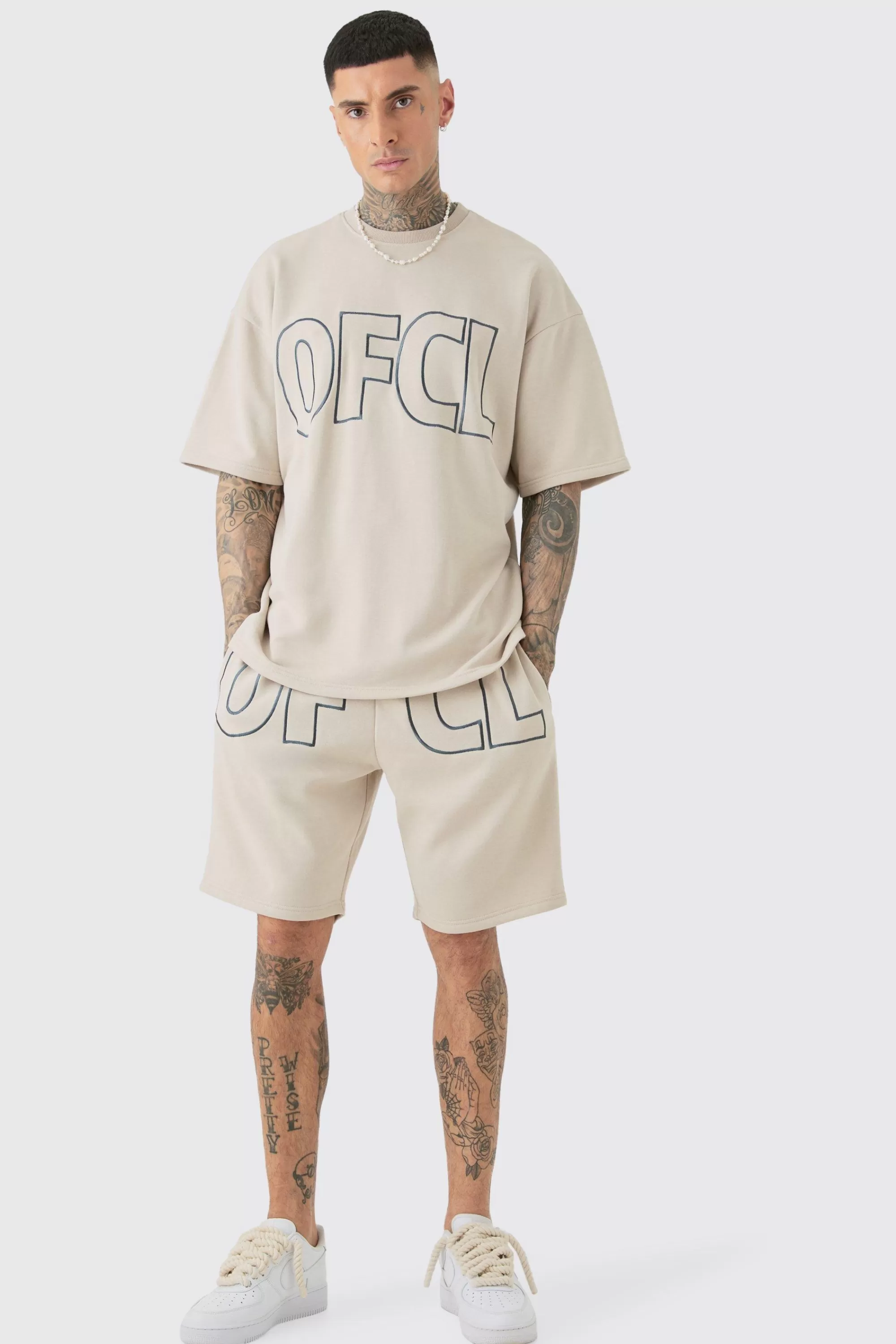 boohooMAN Tall Oversized OFCL Embroidered T-Shirt & Short Set | UK