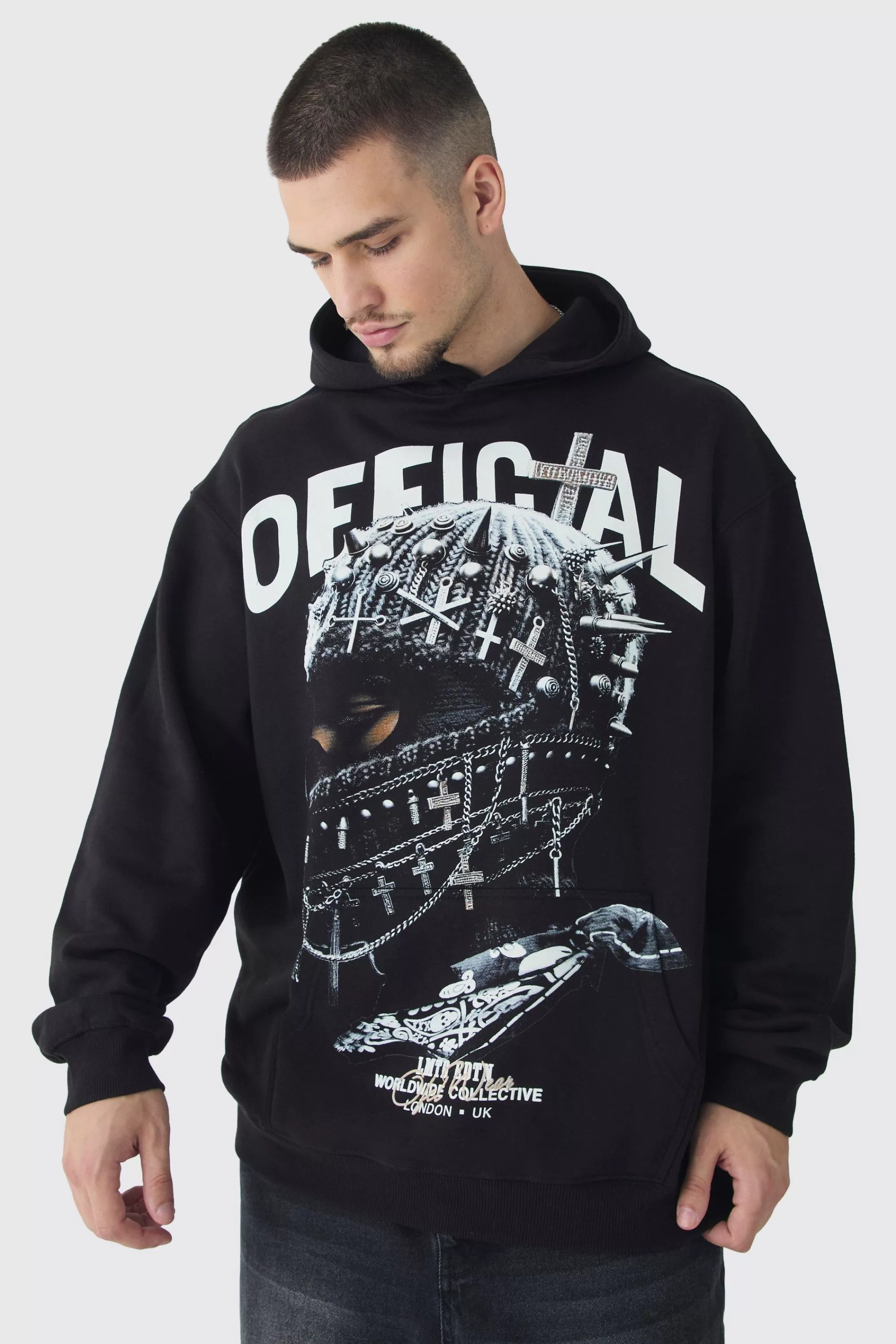 boohooMAN Tall Oversized Official Balaclava Print Hoodie | UK