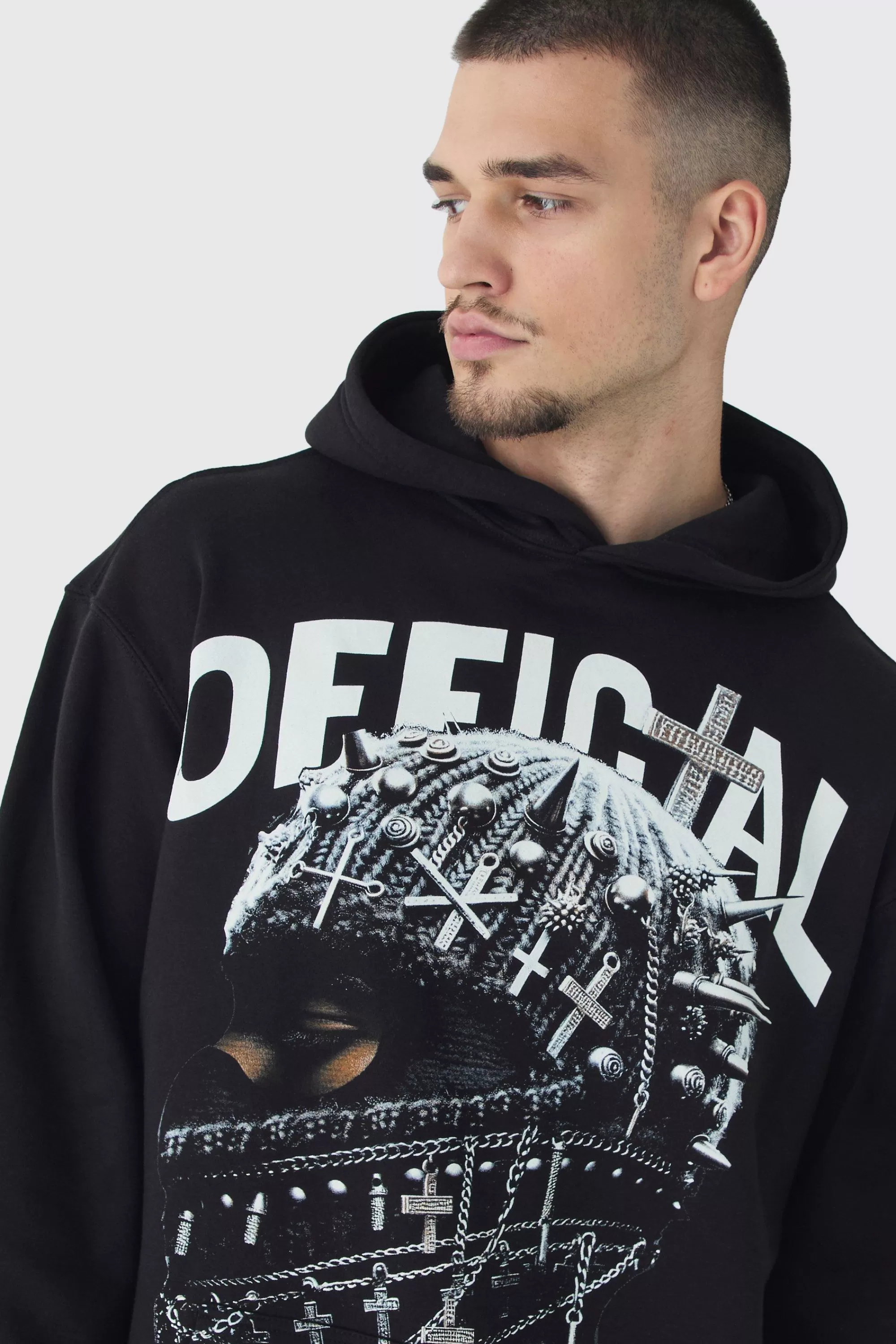 boohooMAN Tall Oversized Official Balaclava Print Hoodie | UK
