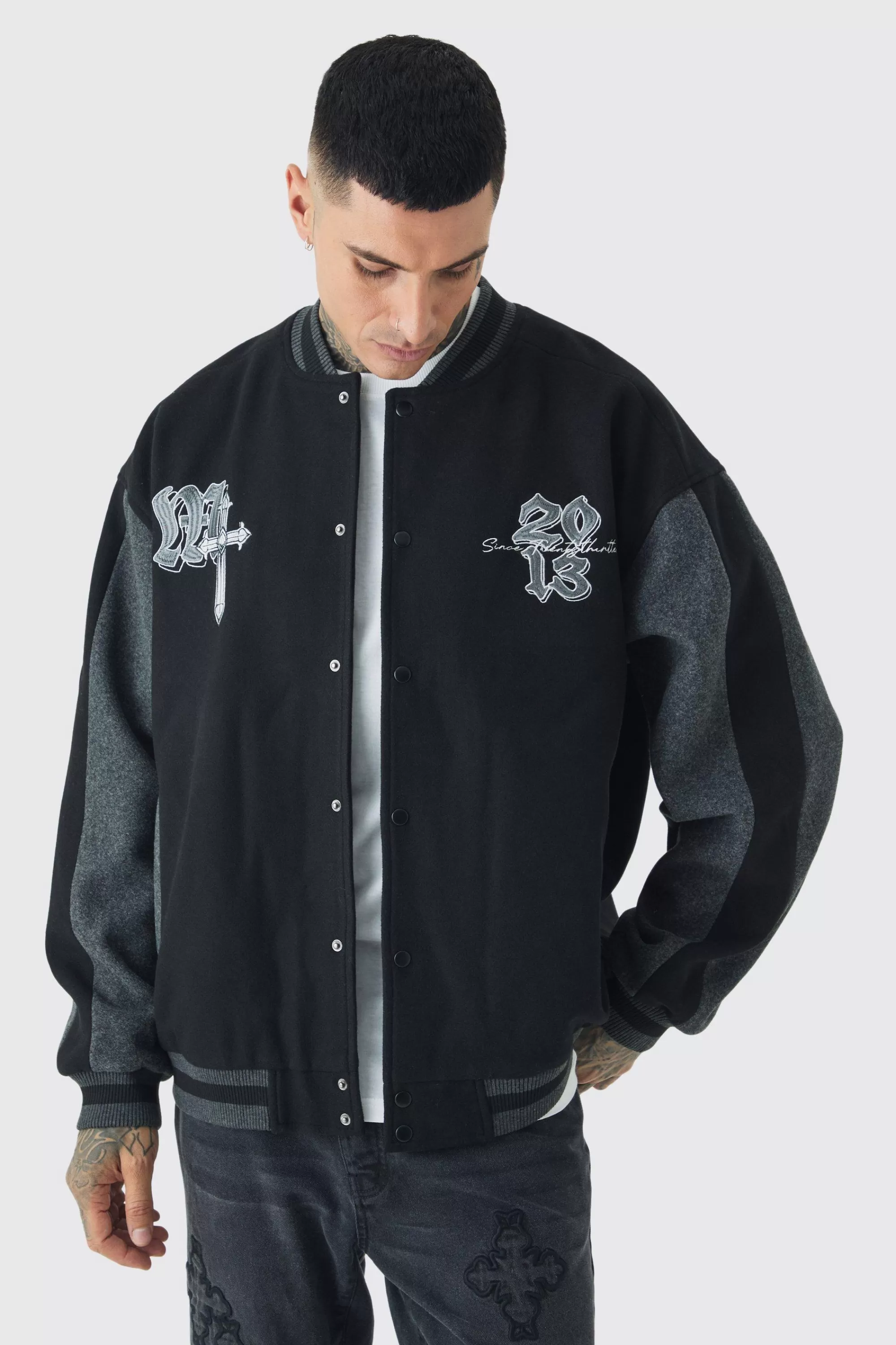 boohooMAN Tall Oversized Official Colour Block Varsity Jacket In | UK
