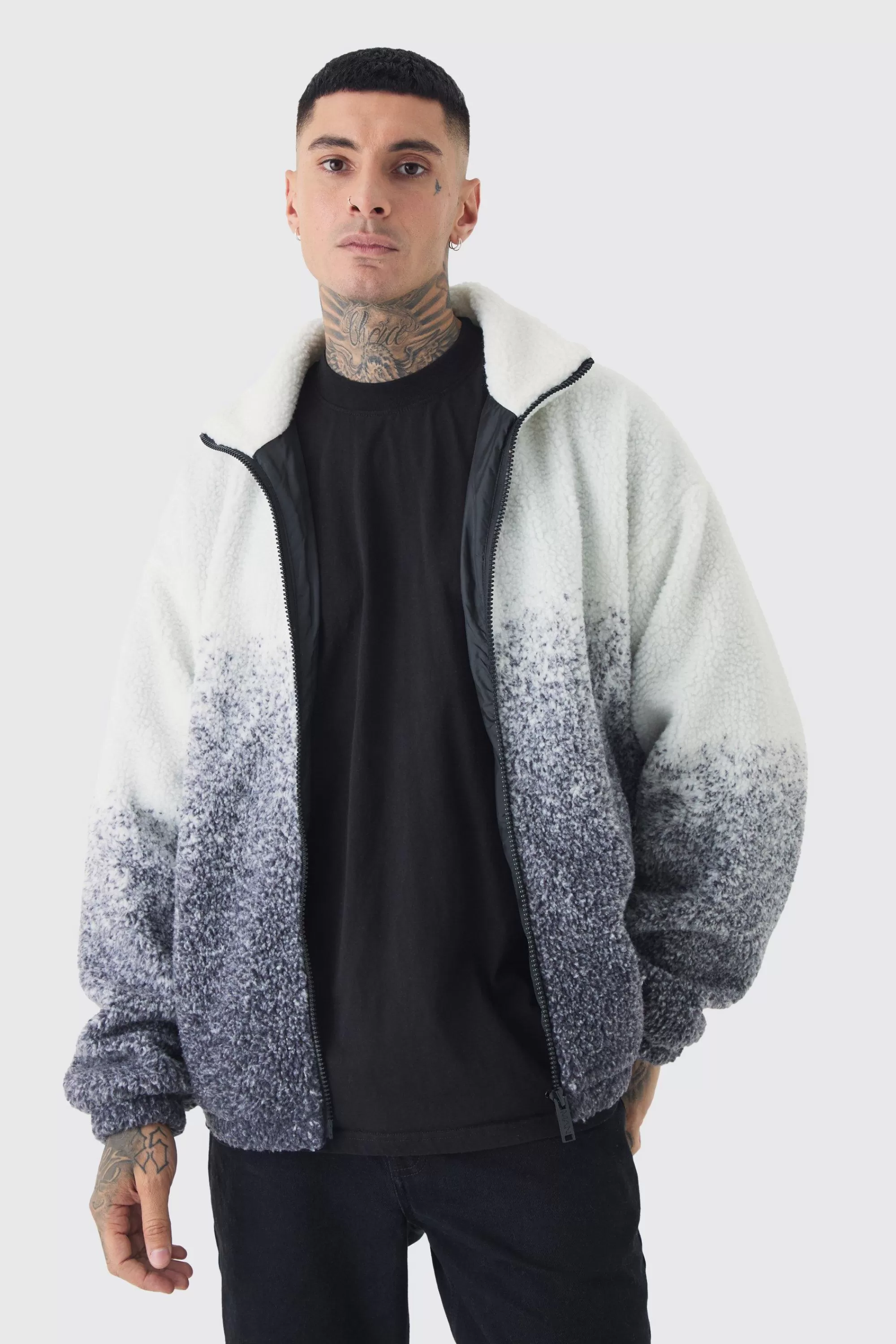 boohooMAN Tall Oversized Ombre Borg Funnel Neck Jacket In | UK