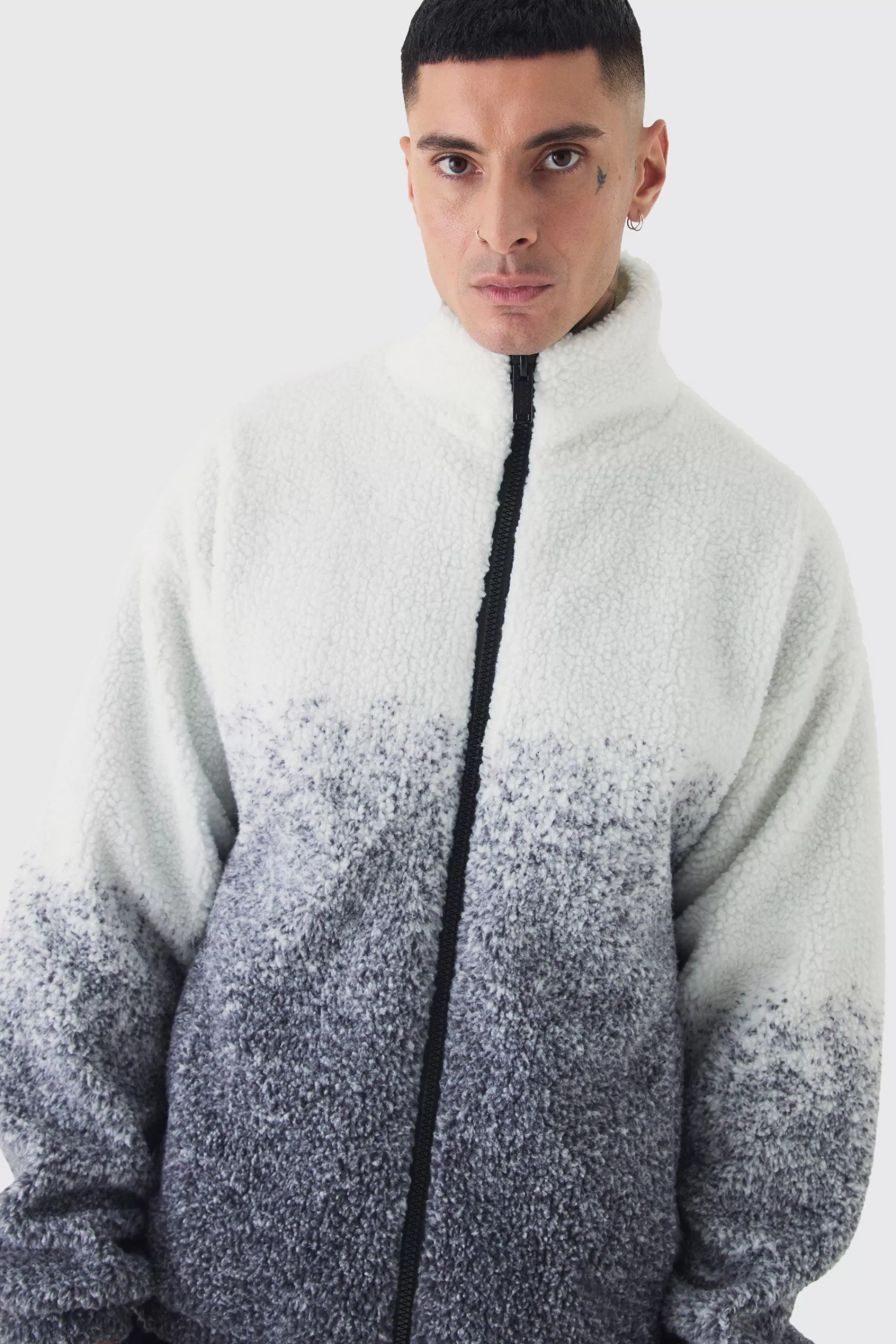 boohooMAN Tall Oversized Ombre Borg Funnel Neck Jacket In | UK