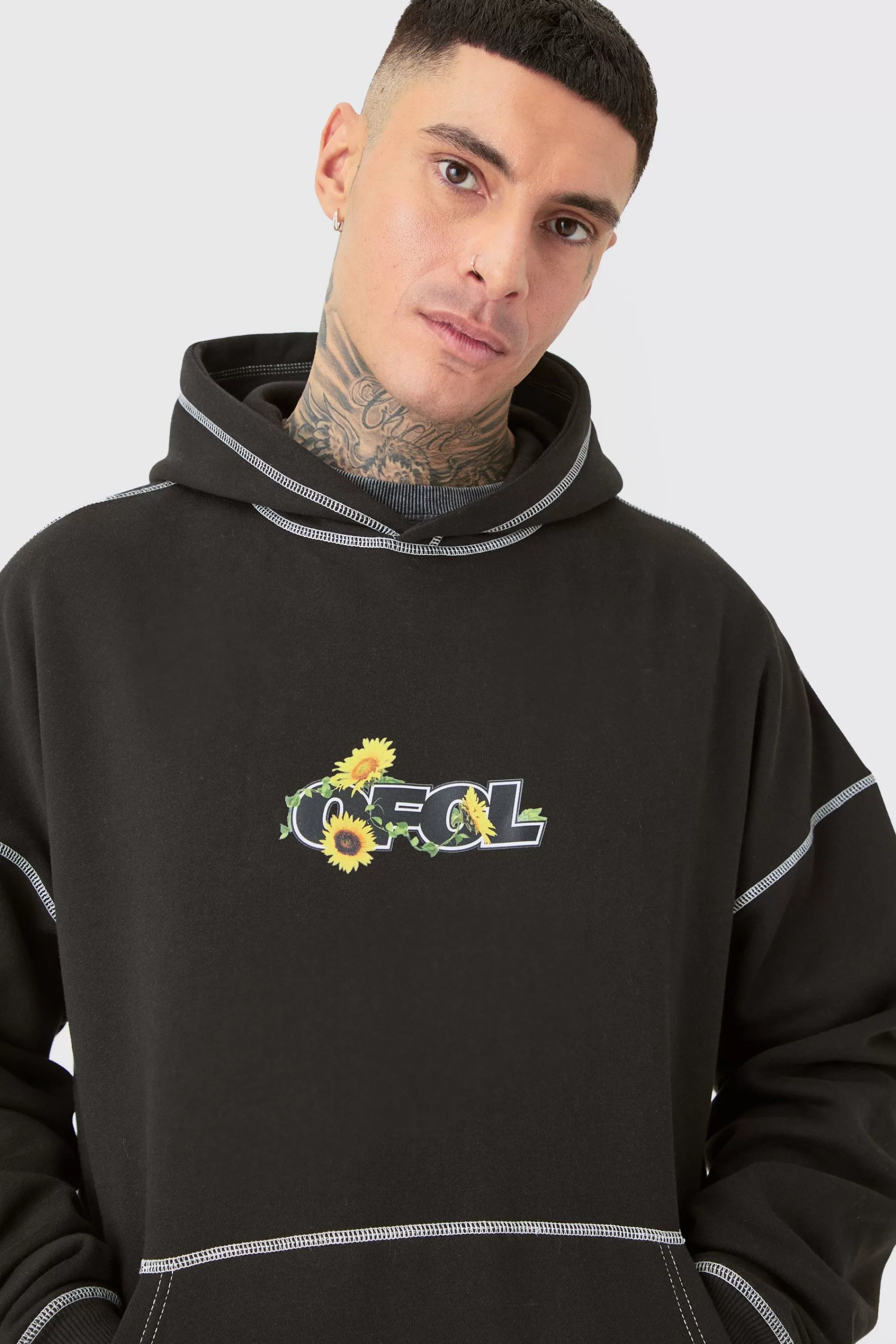 boohooMAN Tall Oversized Plush Boxy Drop Shoulder Printed Hoodie | UK