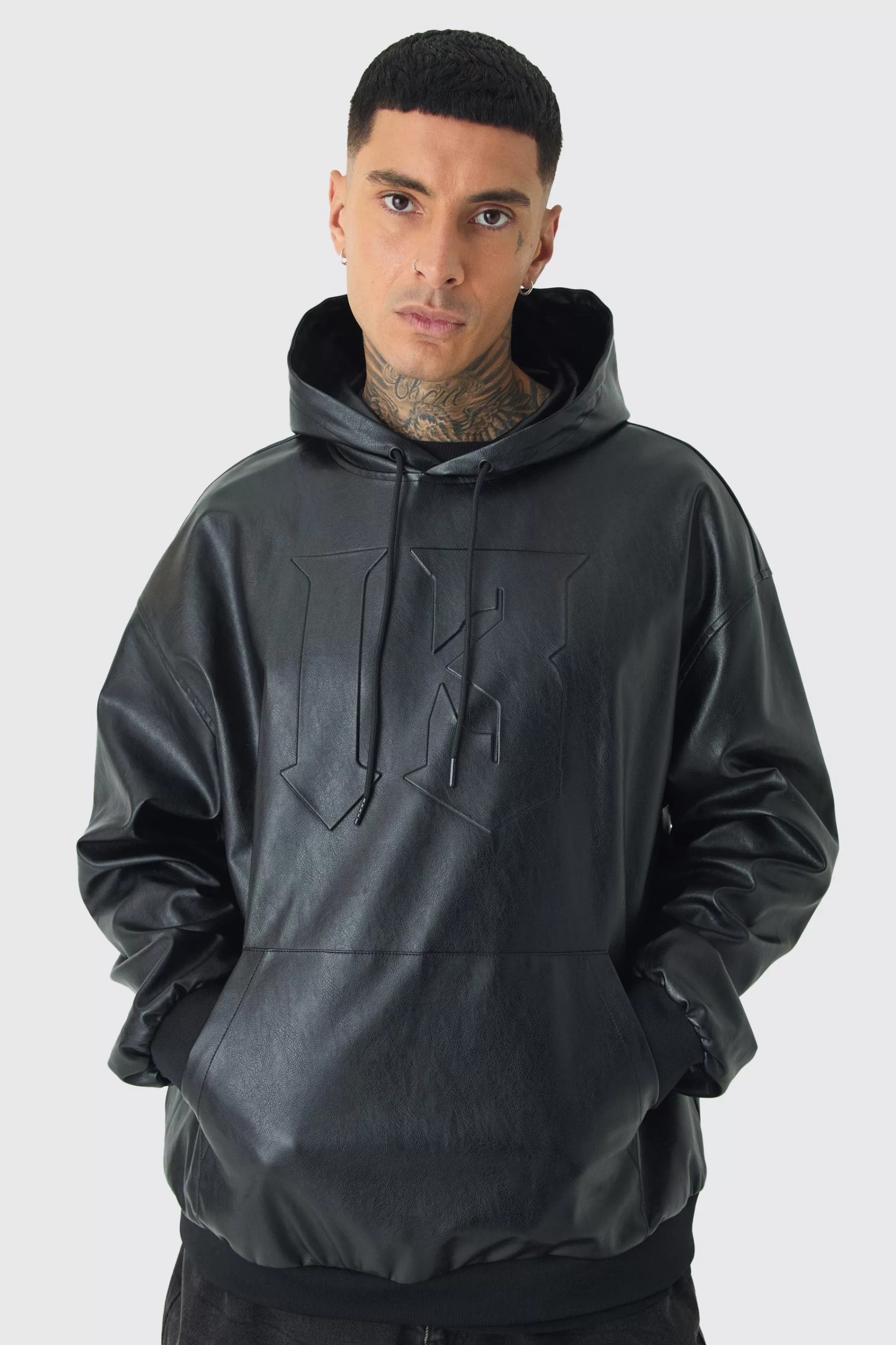 boohooMAN Tall Oversized PU Drop Shoulder Embossed Hoodie | UK