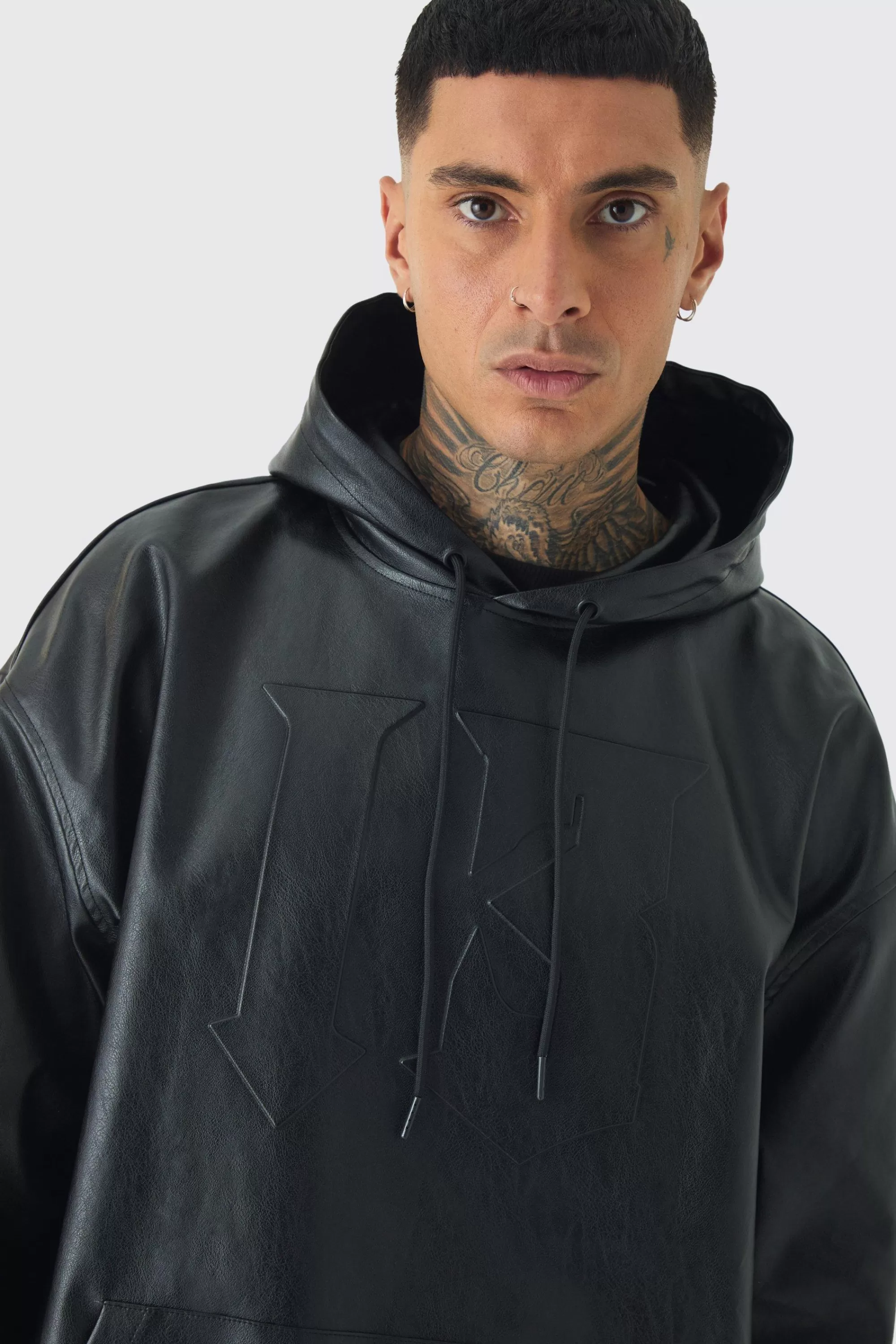 boohooMAN Tall Oversized PU Drop Shoulder Embossed Hoodie | UK