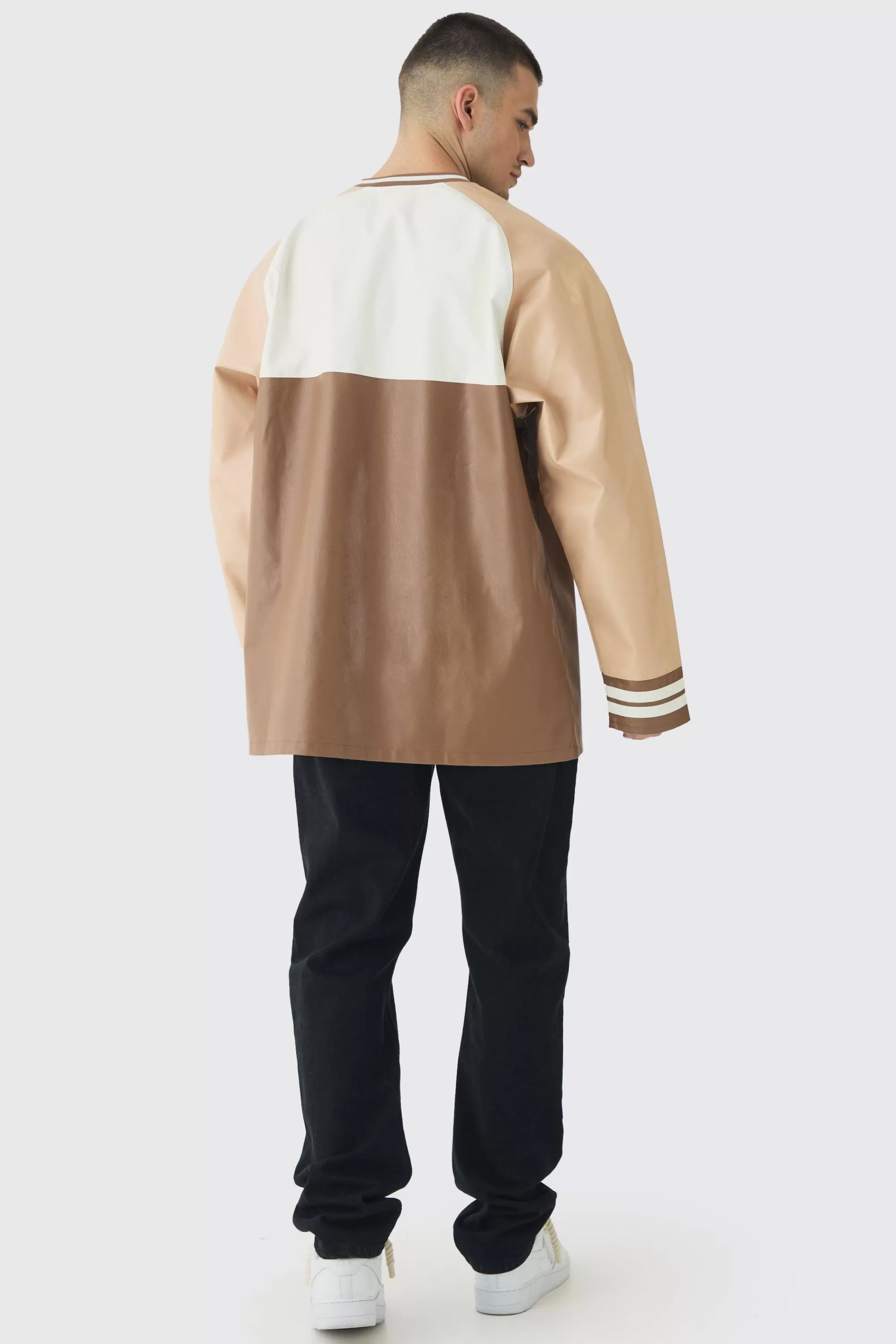 boohooMAN Tall Oversized Pu Raglan Embroidered Varsity Sweater | UK