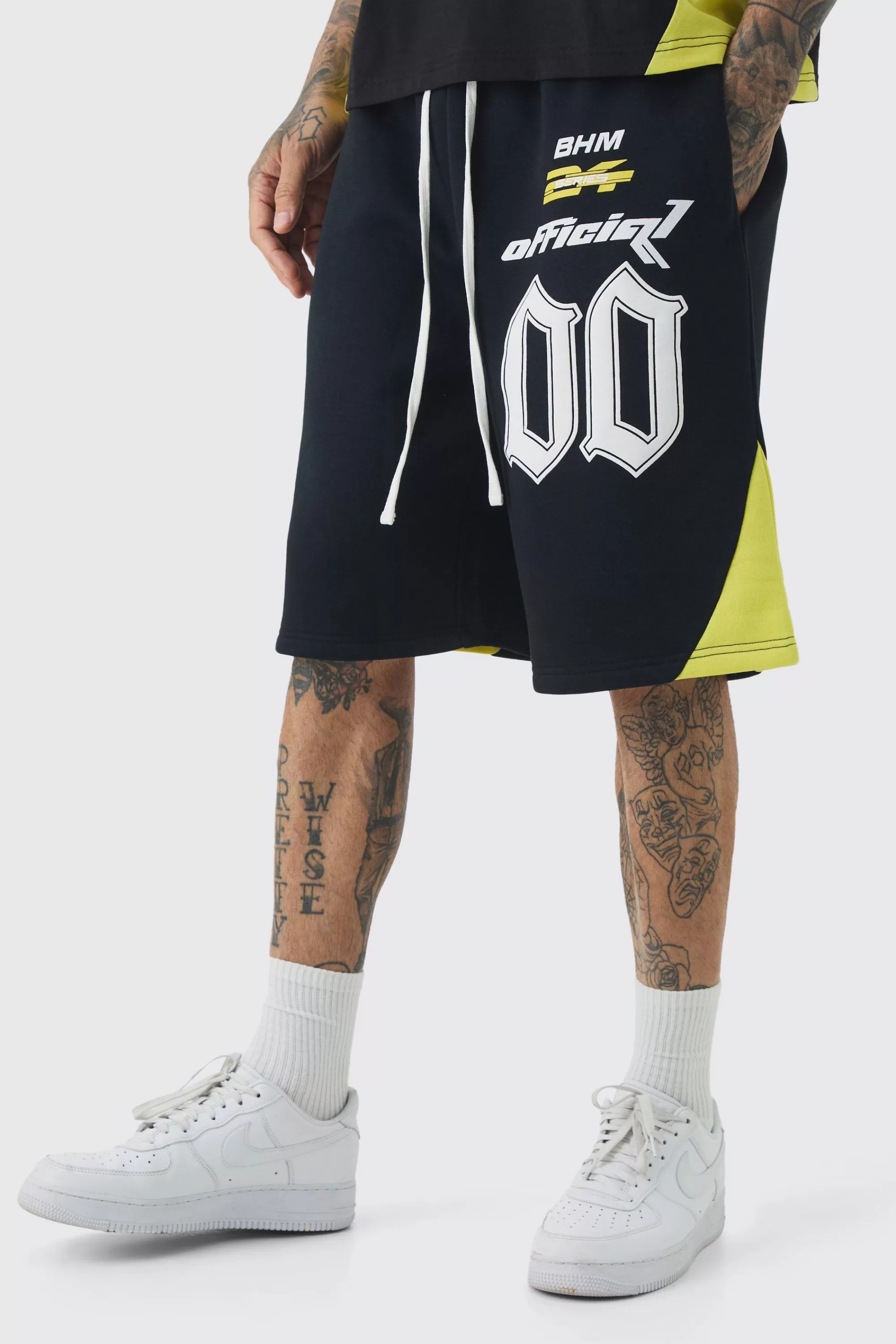 boohooMAN Tall Oversized Puff Print Moto Mid Length Shorts | UK
