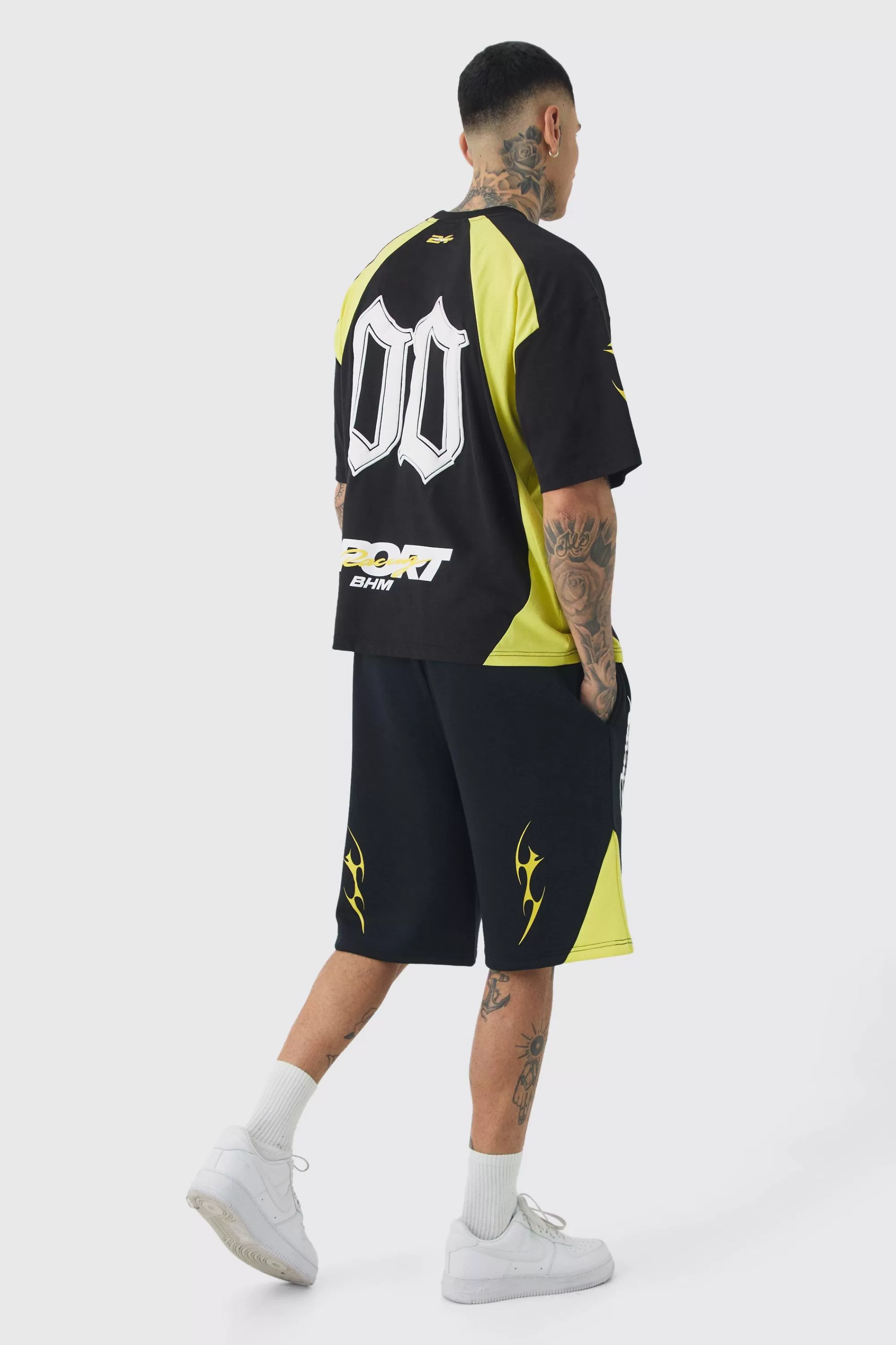 boohooMAN Tall Oversized Puff Print Moto Mid Length Shorts | UK