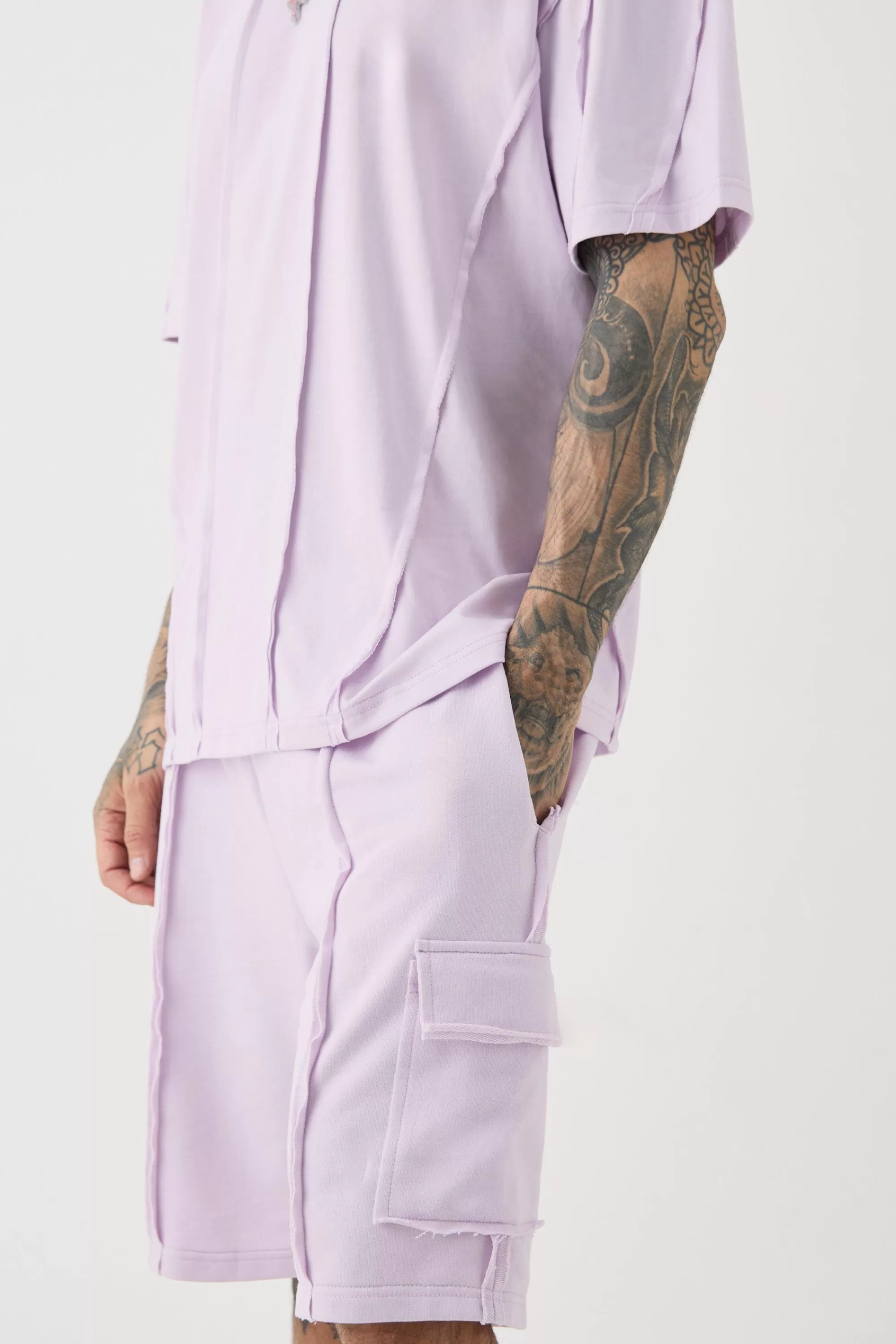 boohooMAN Tall Oversized Raw Interlock Seam T-shirt & Cargo Short Set | UK