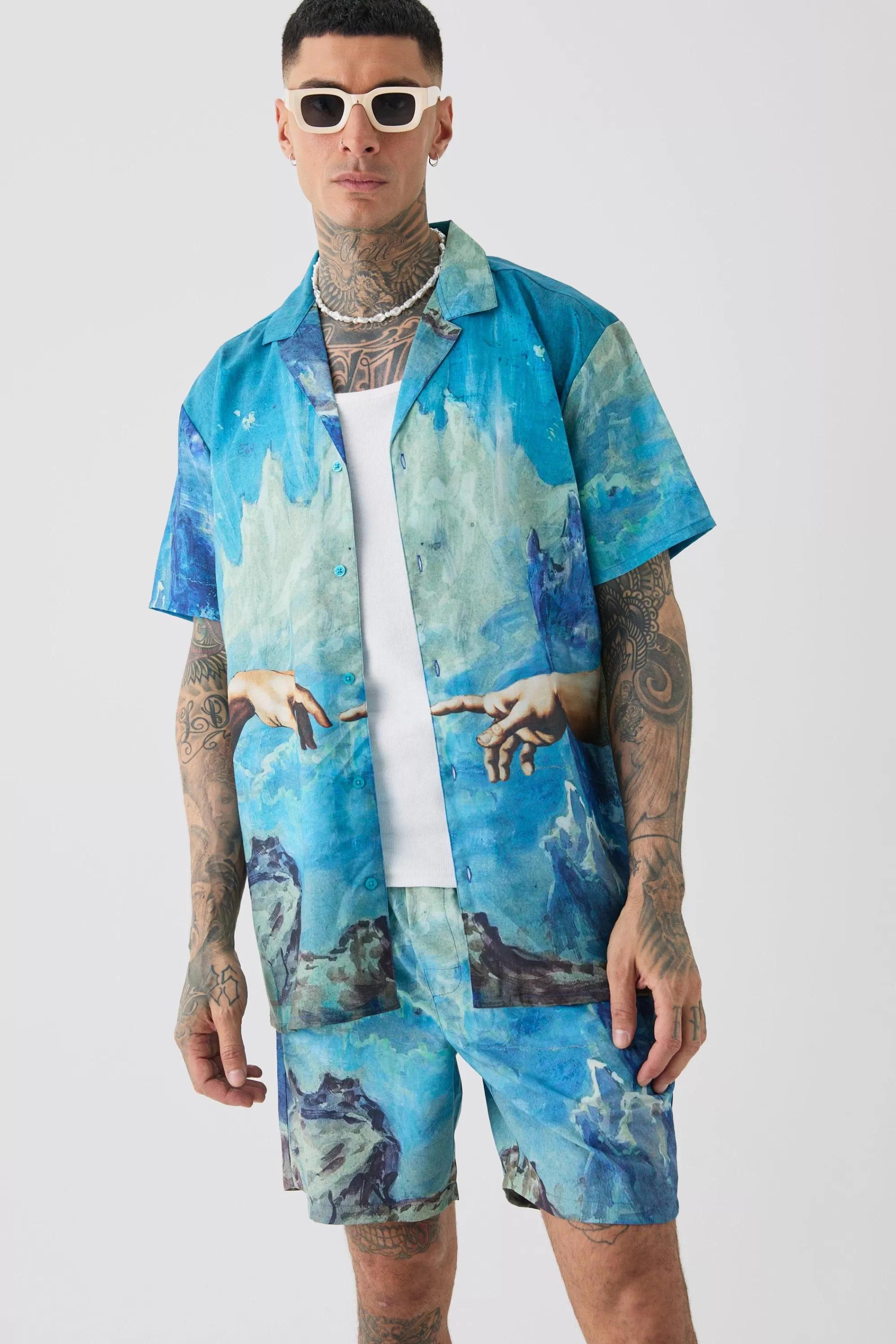 boohooMAN Tall Oversized Renaissance Print Shirt & Swim Short Set | UK