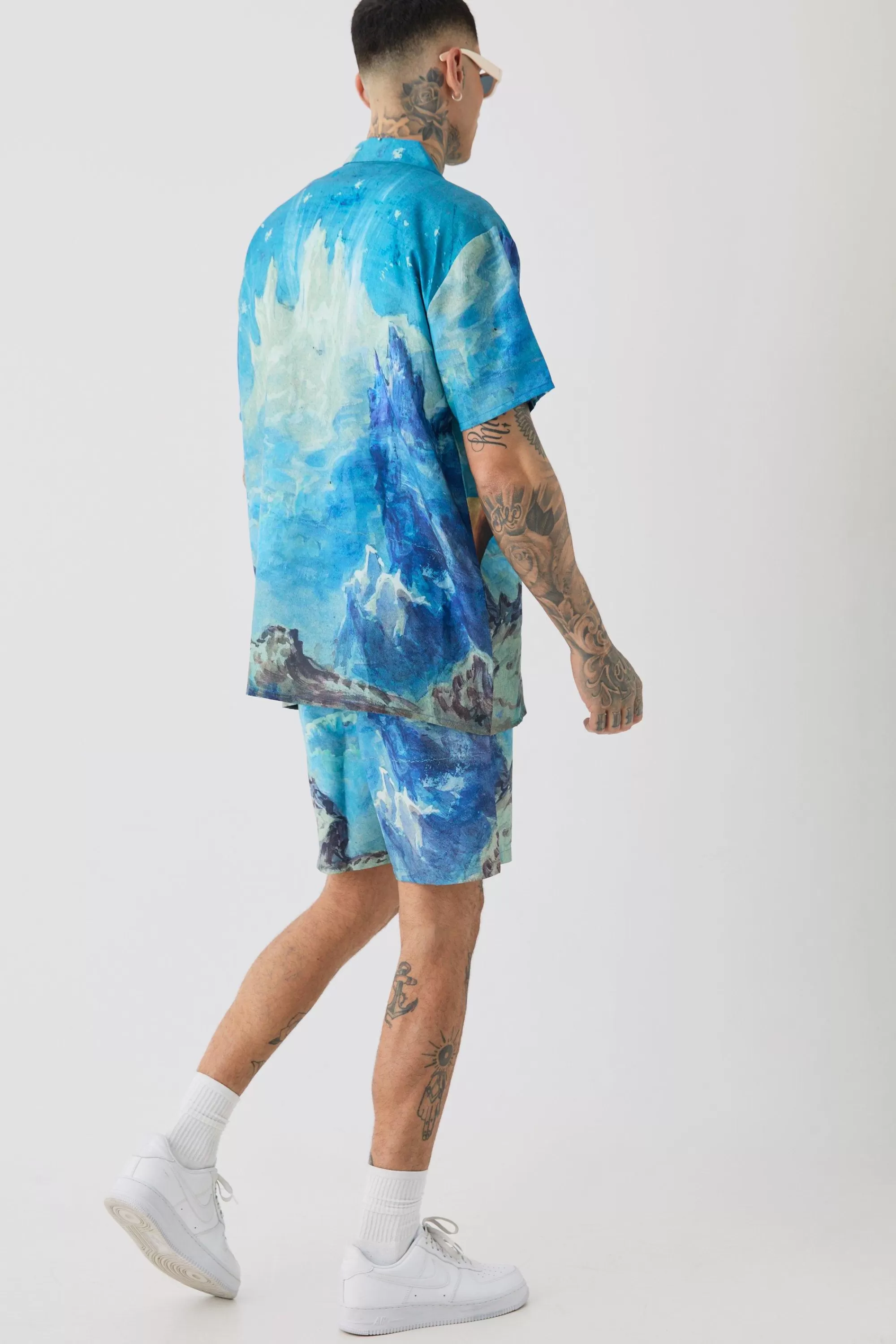 boohooMAN Tall Oversized Renaissance Print Shirt & Swim Short Set | UK
